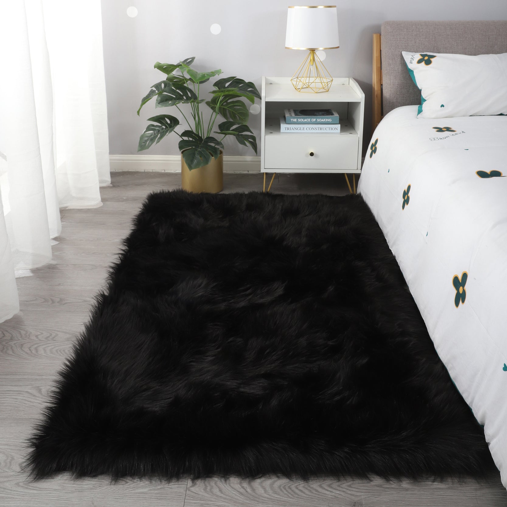 Furnings™ Cozy Ultra Soft Fluffy Faux Fur Black Area Rug - 5'L x 3'W