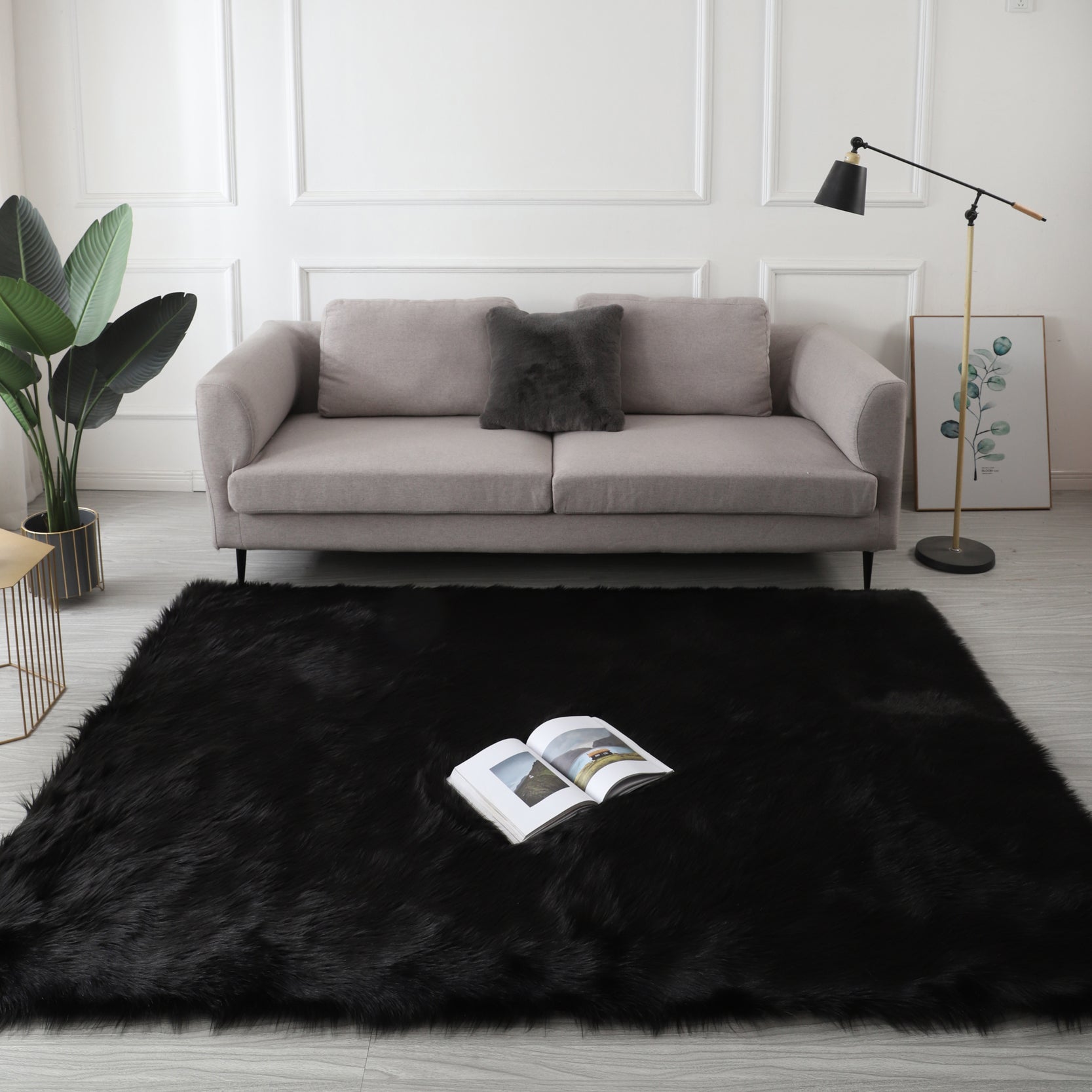 Furnings™ Cozy Ultra Soft Fluffy Faux Fur Black Area Rug - 5'L x 3'W