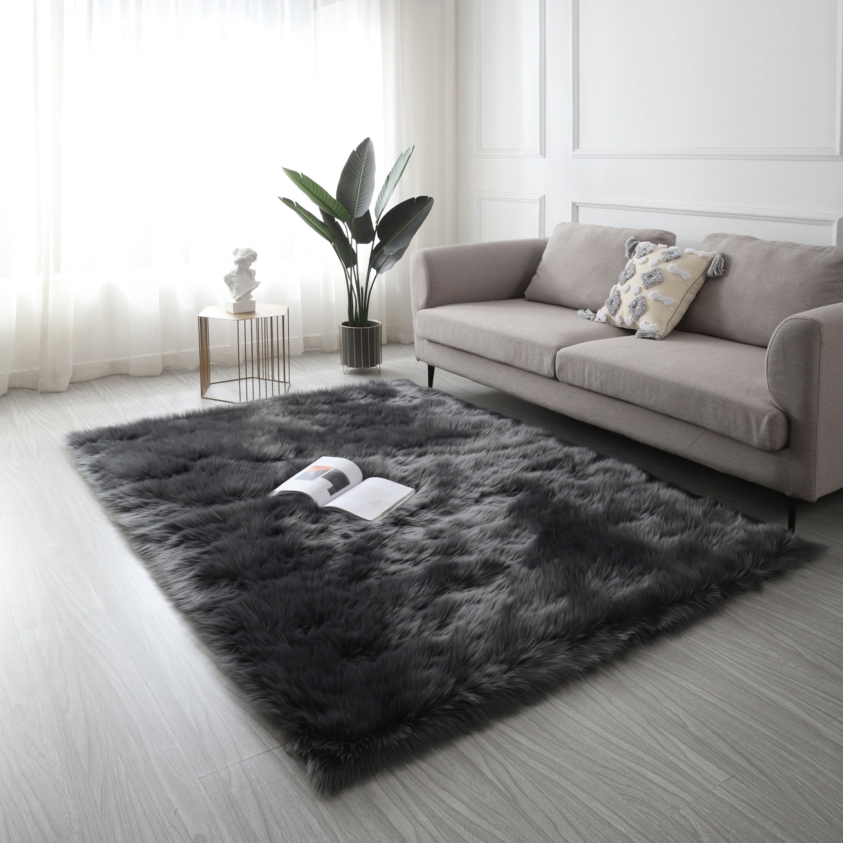 Furnings - Cozy Ultra Soft Fluffy Faux Fur Black Area Rug