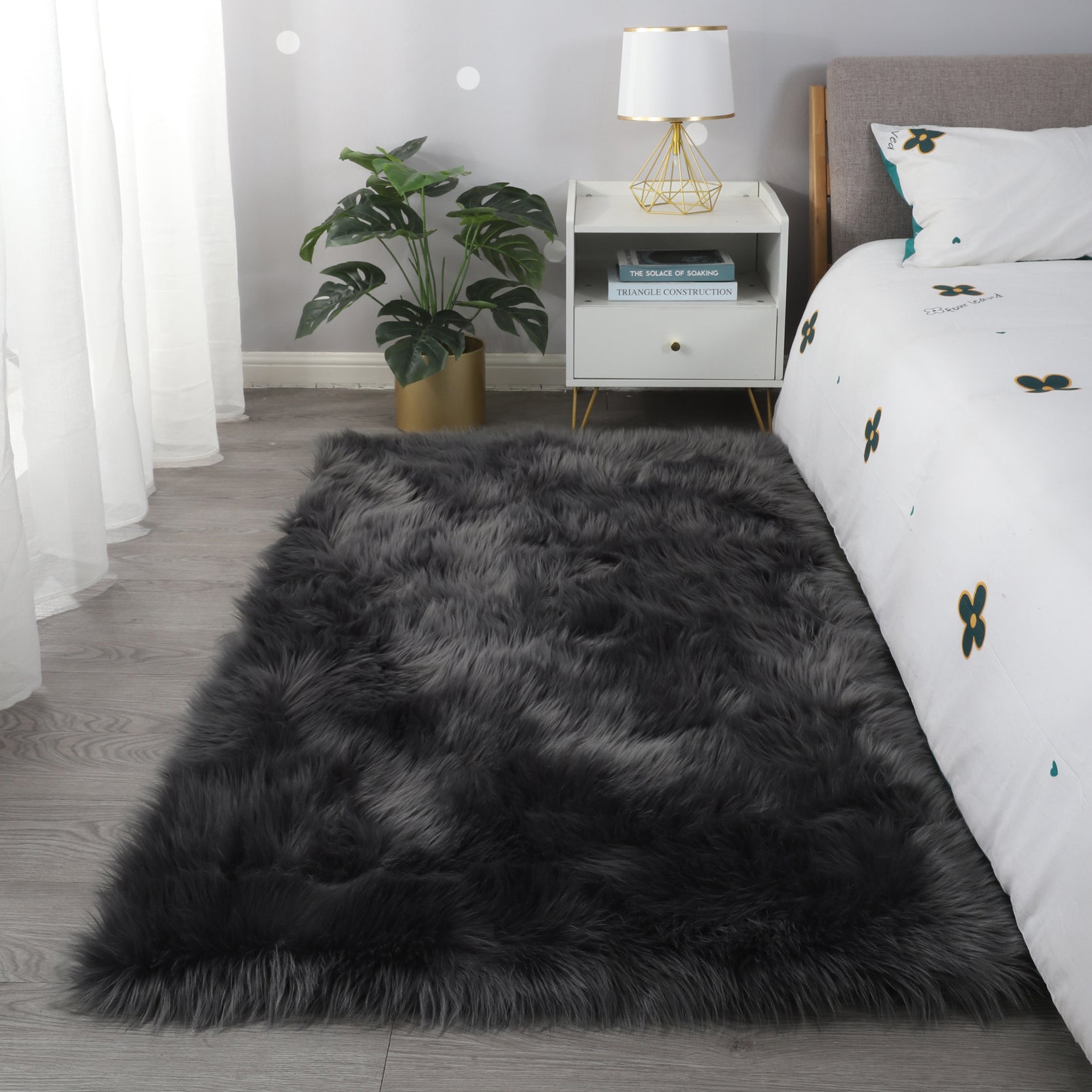 Furnings Cozy Ultra Soft Fluffy Faux Fur Gray Area Rug - 6'L x 4'W