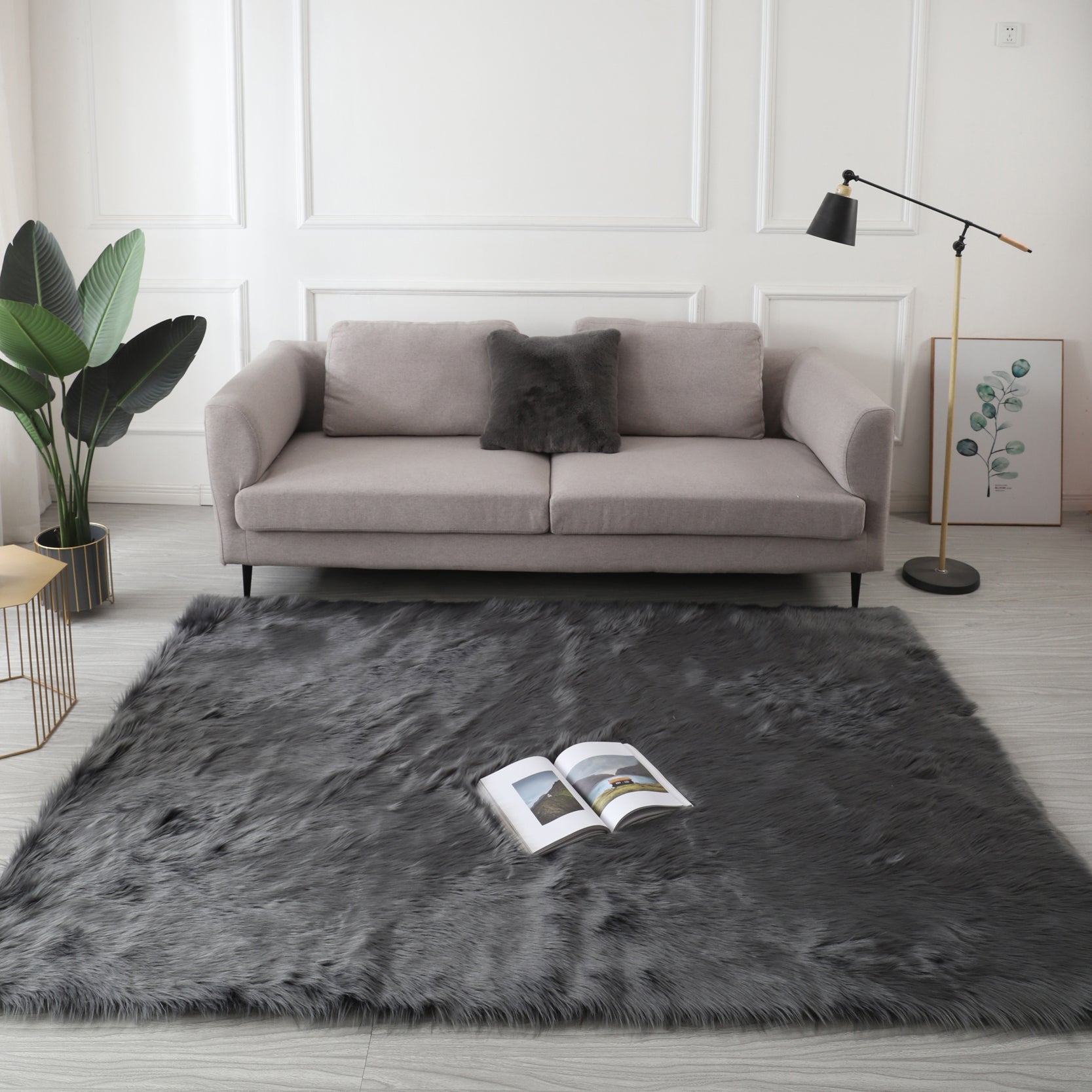 Furnings Cozy Ultra Soft Fluffy Faux Fur Gray Area Rug - 6'L x 4'W