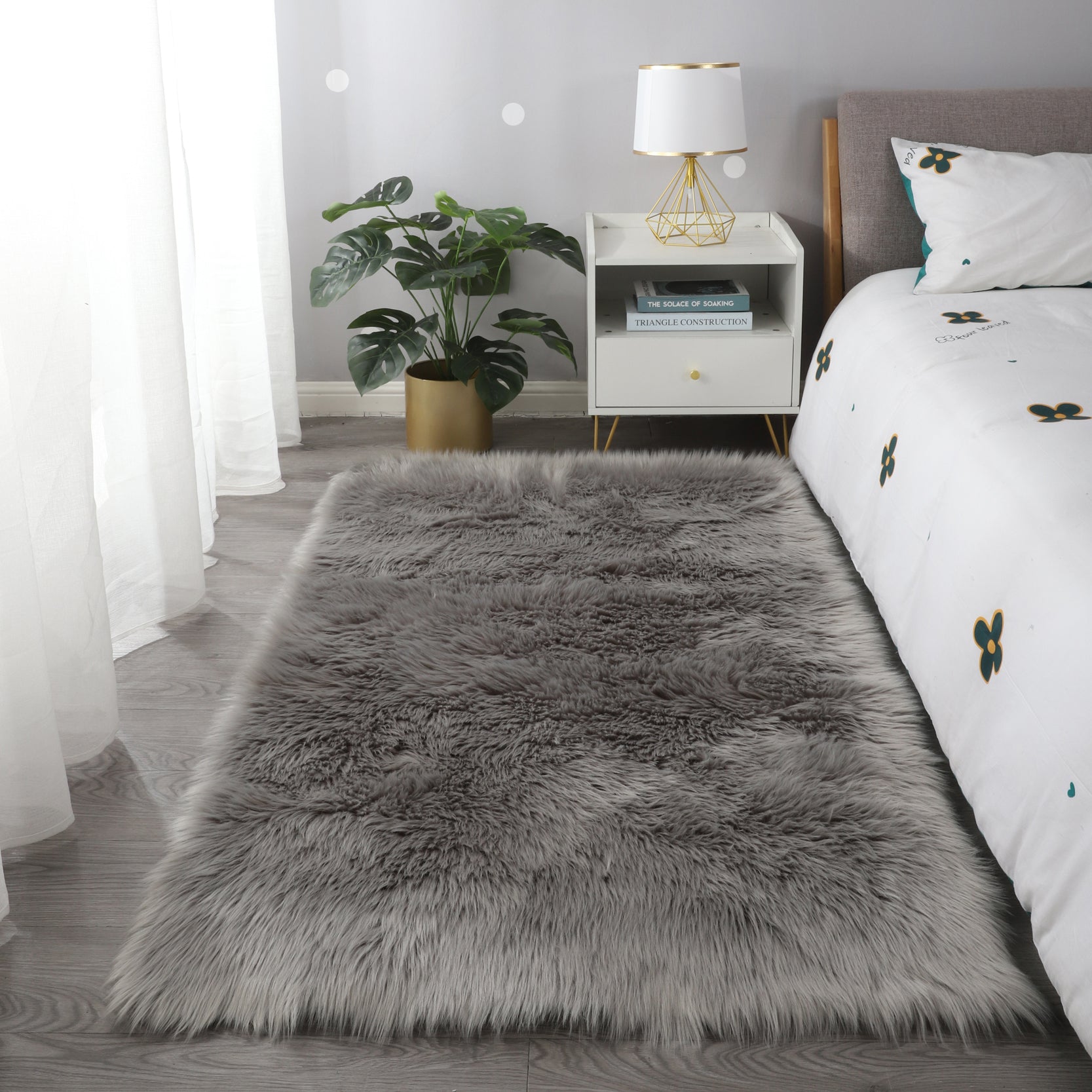 Furnings Cozy Ultra Soft Fluffy Faux Fur Light Gray Area Rug - 5'L x 3'W