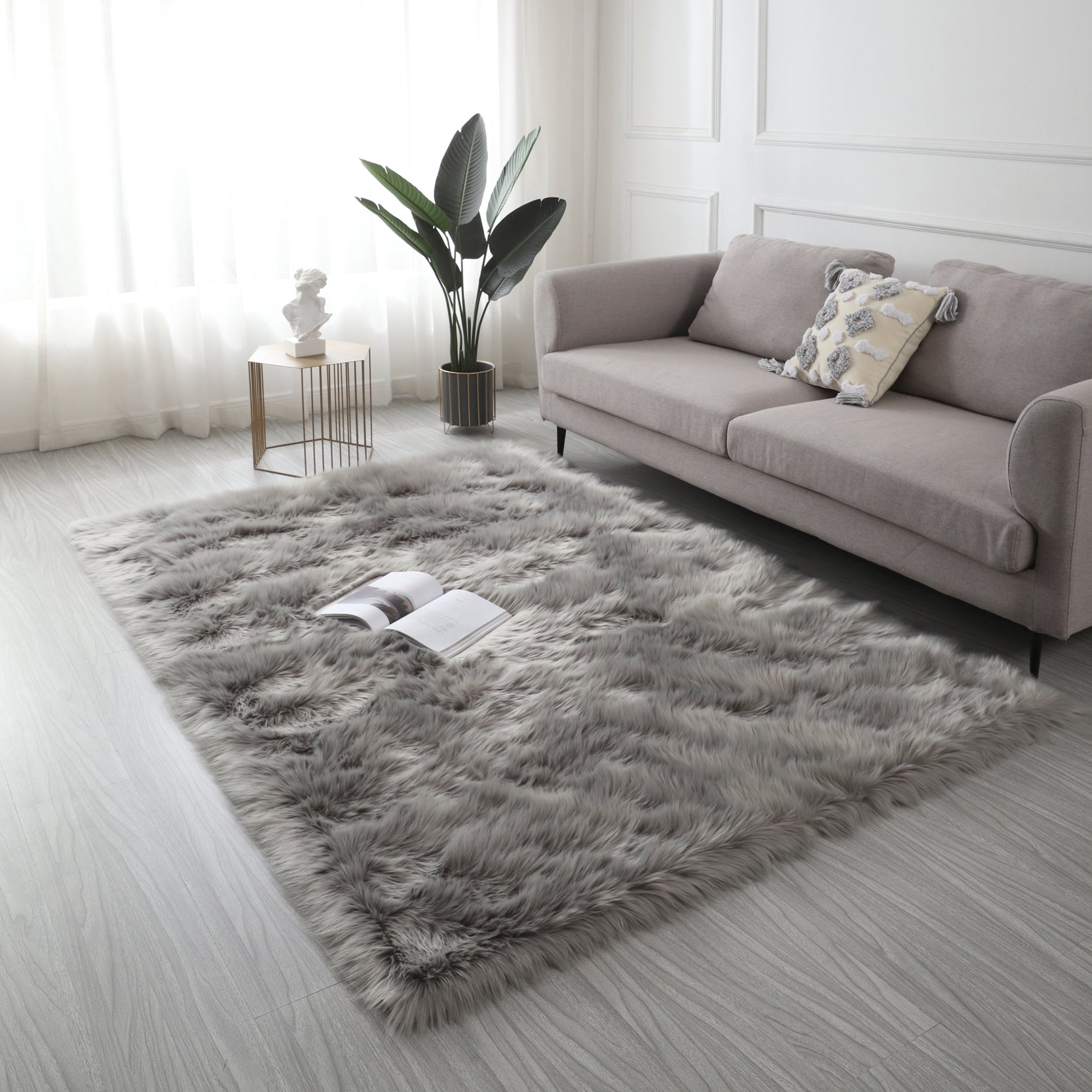 Furnings Cozy Ultra Soft Fluffy Faux Fur Light Gray Area Rug - 5'L x 3'W