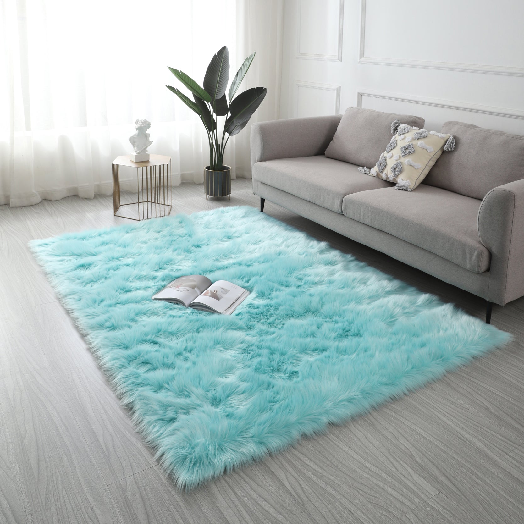 Furnings - Cozy Ultra Soft Fluffy Faux Fur Black Area Rug