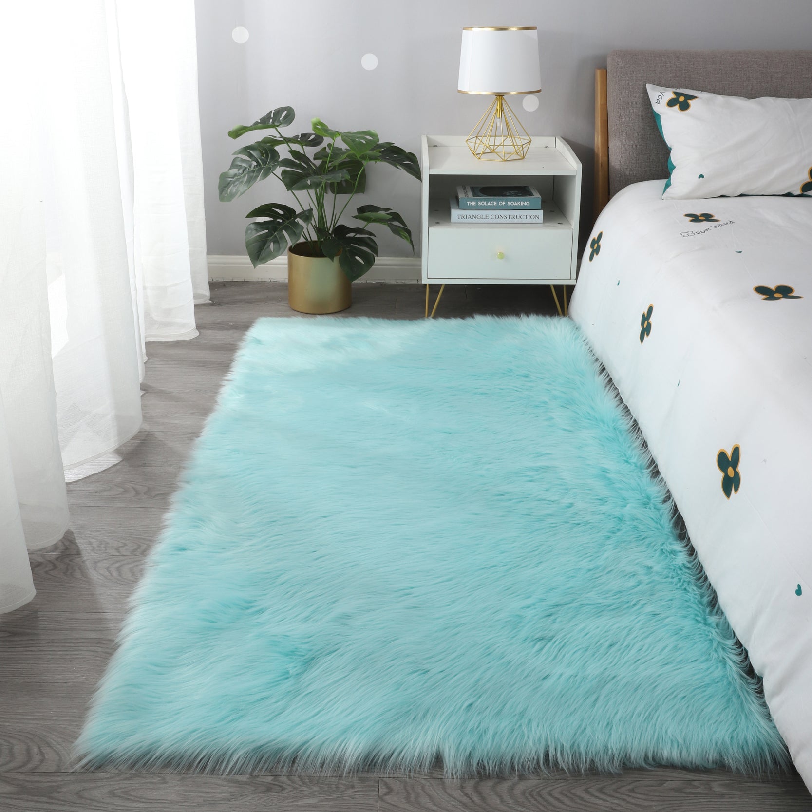 Furnings™ Cozy Ultra Soft Fluffy Faux Fur Turquoise Area Rug - 5'L x 3'W