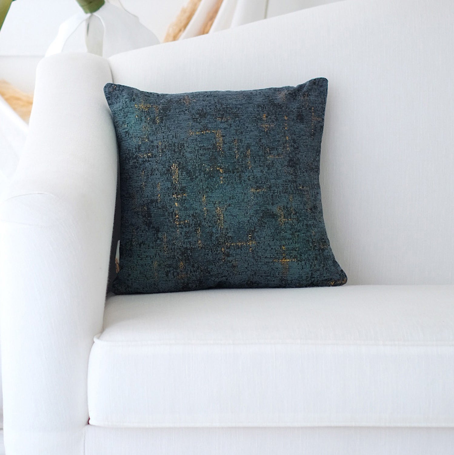 Furnings - Decorative Chenille Throw Pillow in Denim Blue and Gold