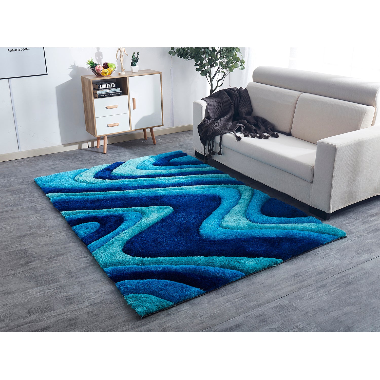 Furnings - 3D Ocean Waves Blue Shag Area Rug