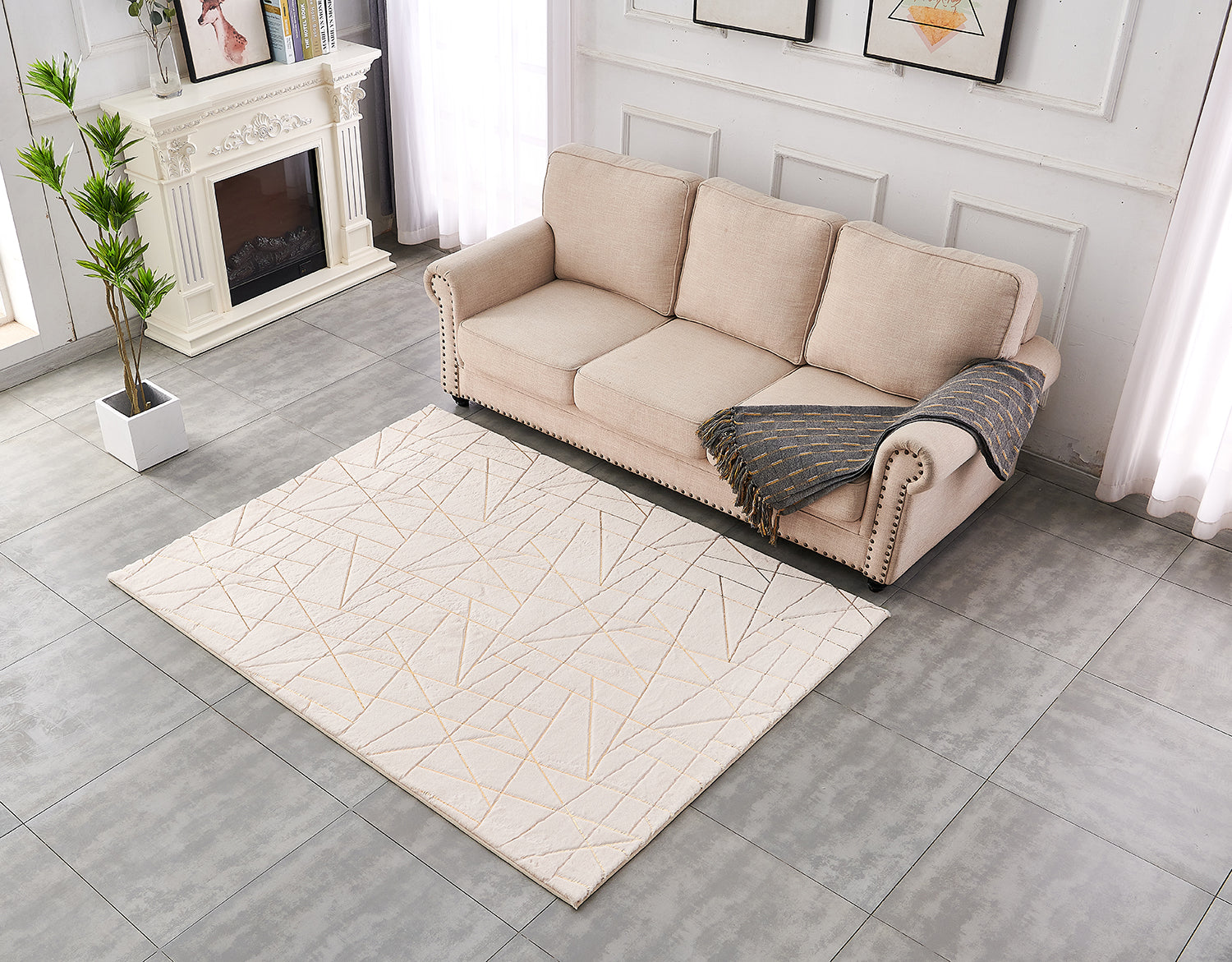 Furnings Lily Luxury Beige Geometric Abstract Gold-Gilded Chinchilla Faux Fur Area Rug - 3'L x 2'W