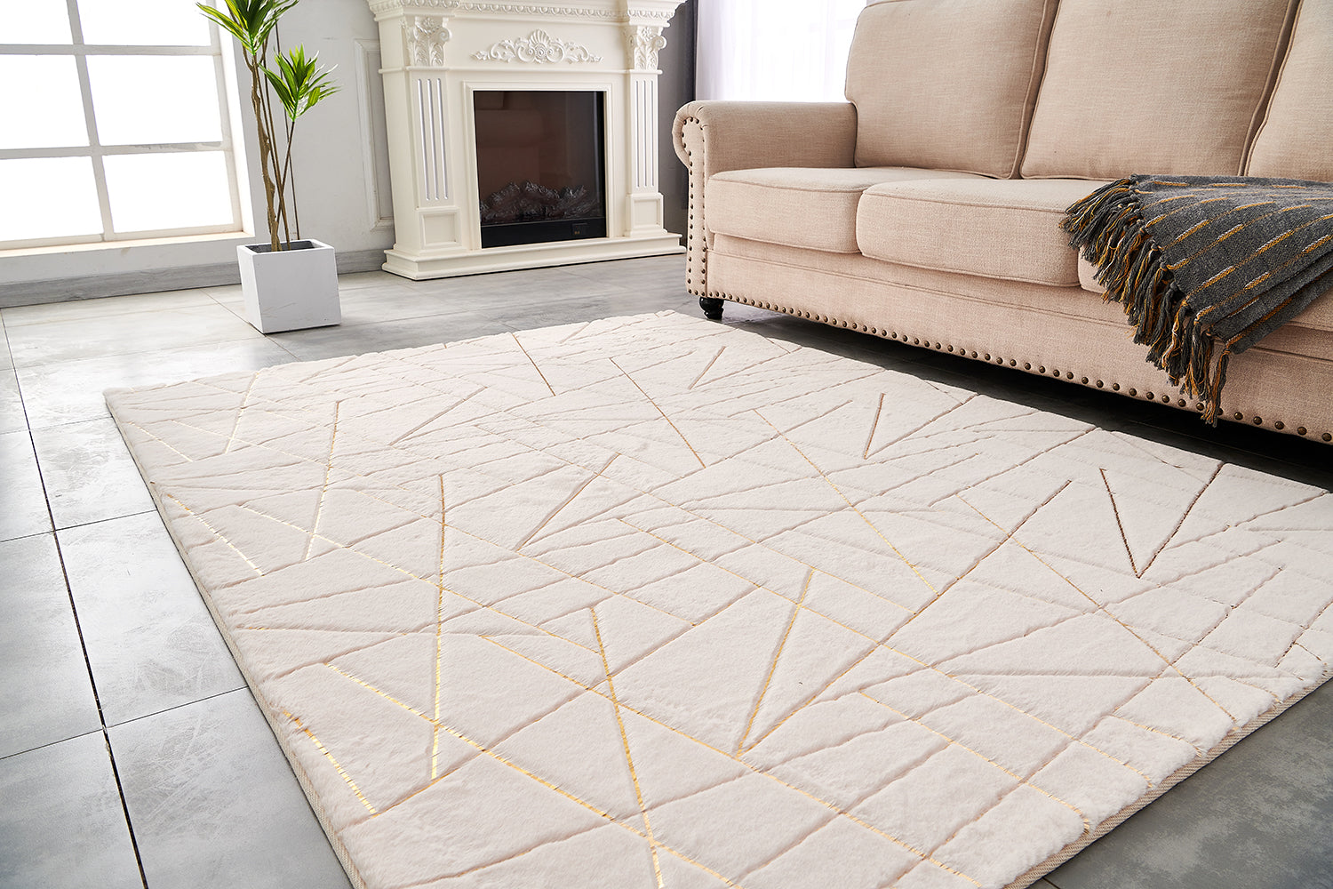 Furnings Lily Luxury Beige Geometric Abstract Gold-Gilded Chinchilla Faux Fur Area Rug - 3'L x 2'W