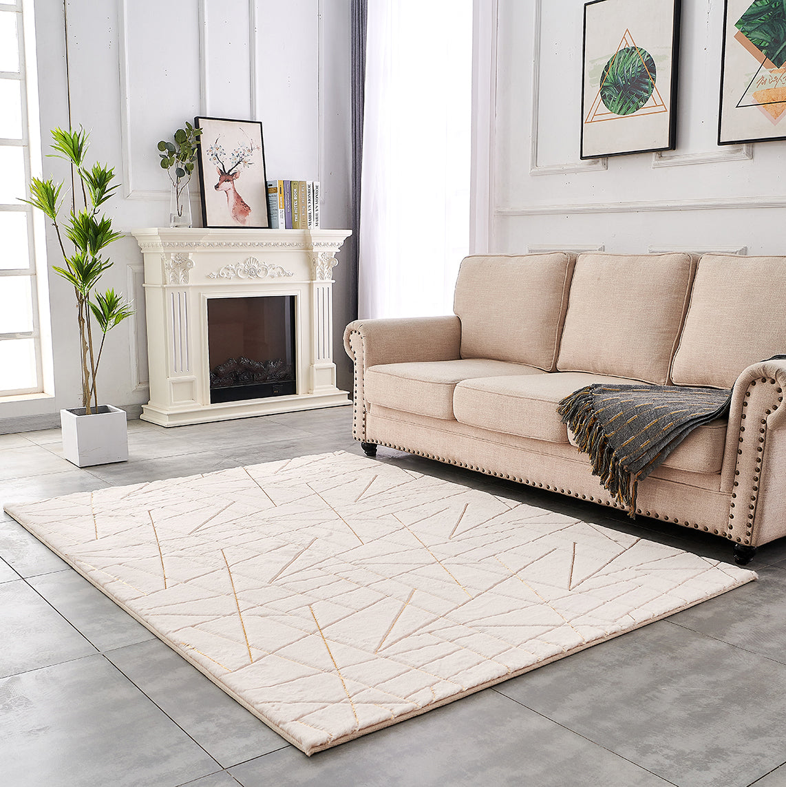 Furnings - Lily Luxury Beige Geometric Abstract Gold-Gilded Chinchilla Faux Fur Area Rug