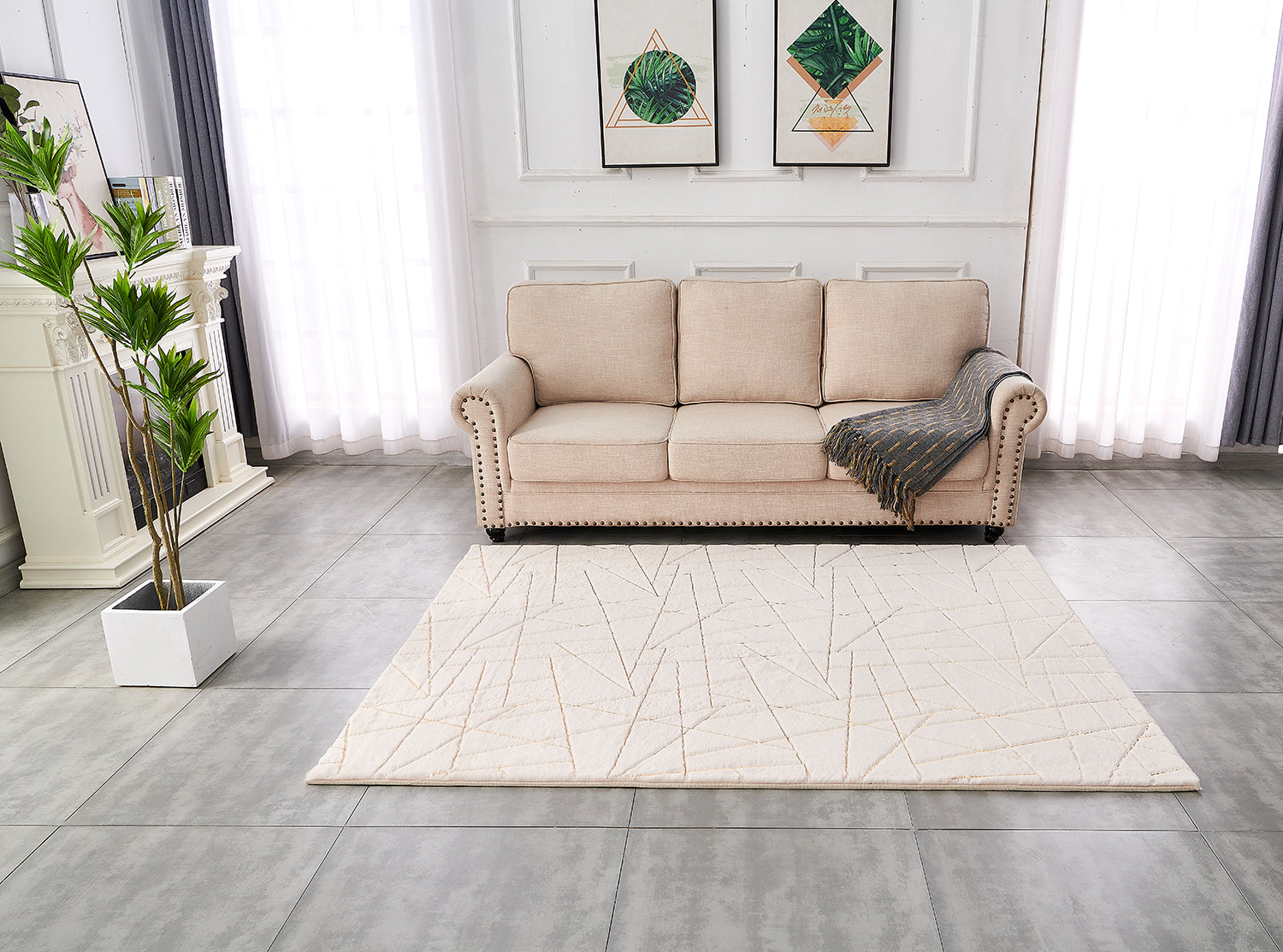 Furnings Lily Luxury Beige Geometric Abstract Gold-Gilded Chinchilla Faux Fur Area Rug - 9'10"L x 6'7"W