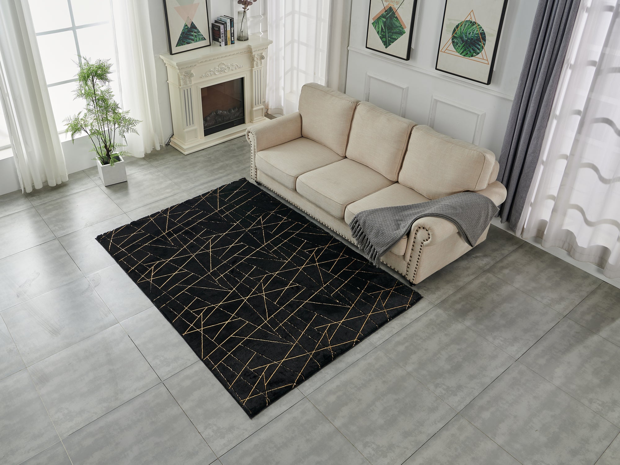 Furnings Lily Luxury Black Geometric Washable Abstract Gold-Gilded Chinchilla Faux Fur Area Rug - 5'L x 3'W