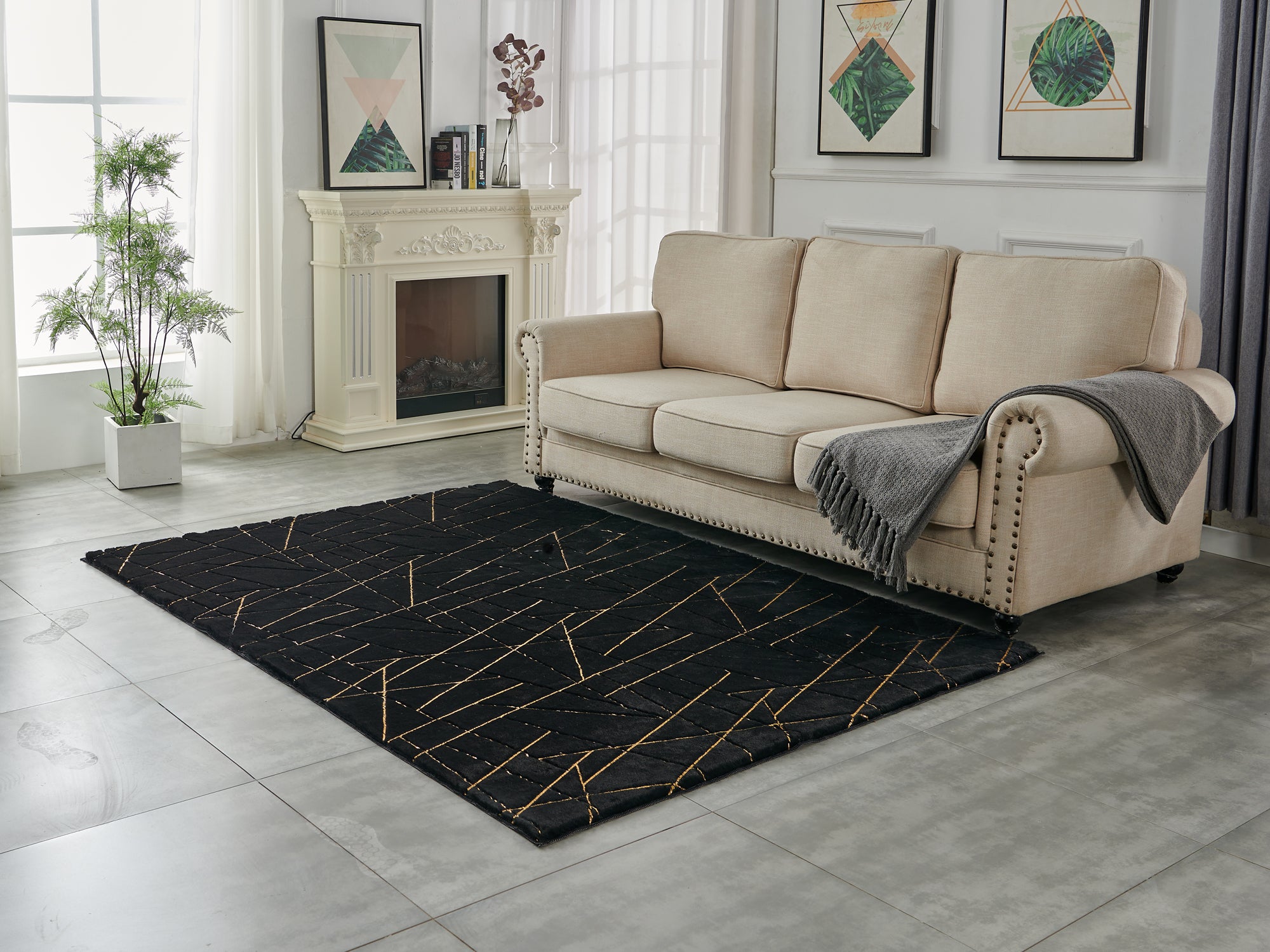 Furnings - Lily Luxury Black Geometric Washable Abstract Gold-Gilded Chinchilla Faux Fur Area Rug