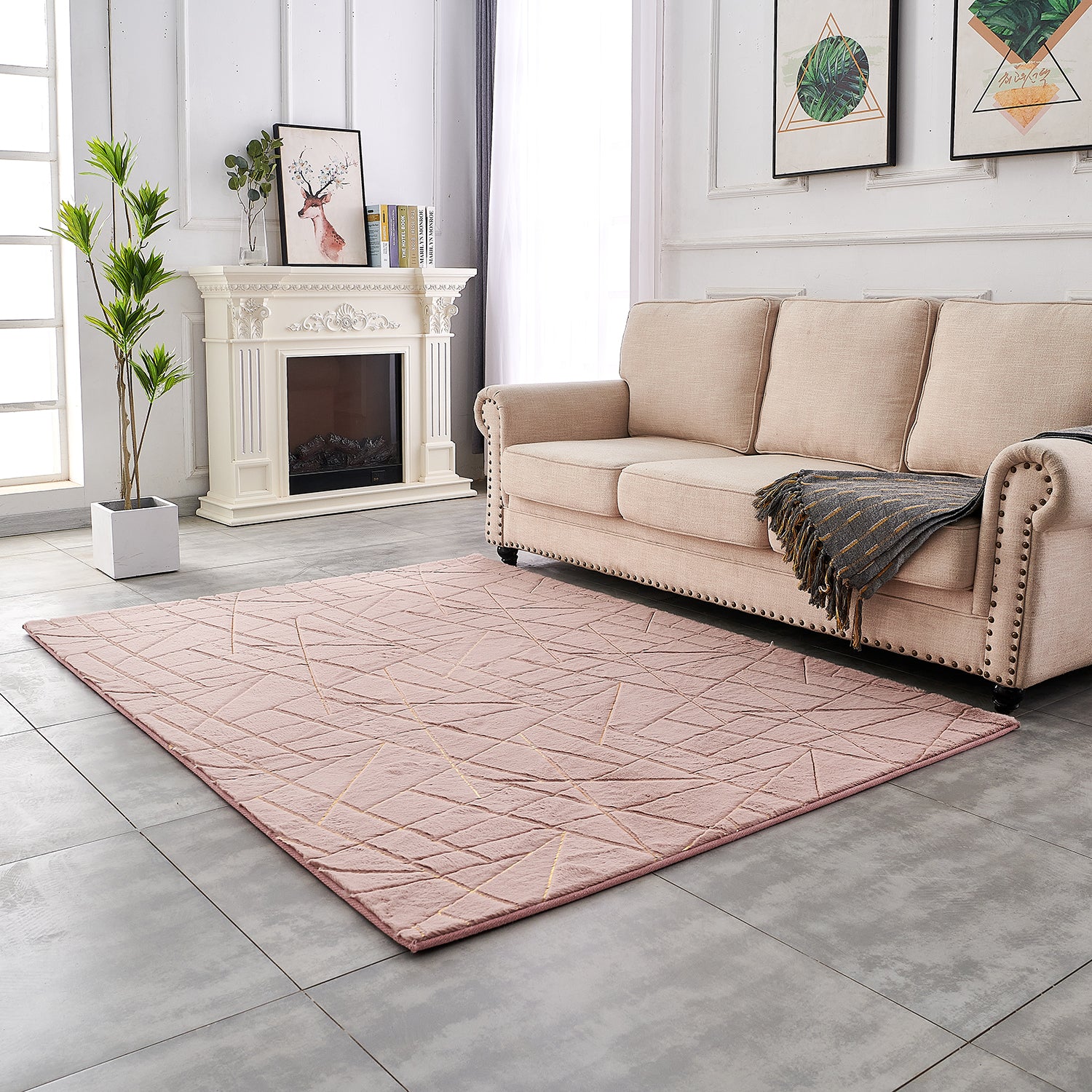 Furnings - Lily Luxury Dust Pink Geometric Washable Abstract Gold-Gilded Chinchilla Faux Fur Area Rug