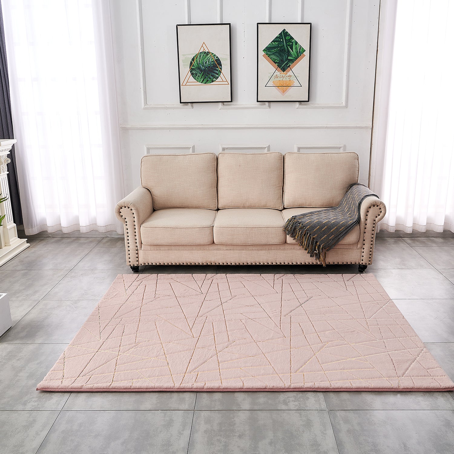 Furnings Lily Luxury Dust Pink Geometric Washable Abstract Gold-Gilded Chinchilla Faux Fur Area Rug - 3'L x 2'W