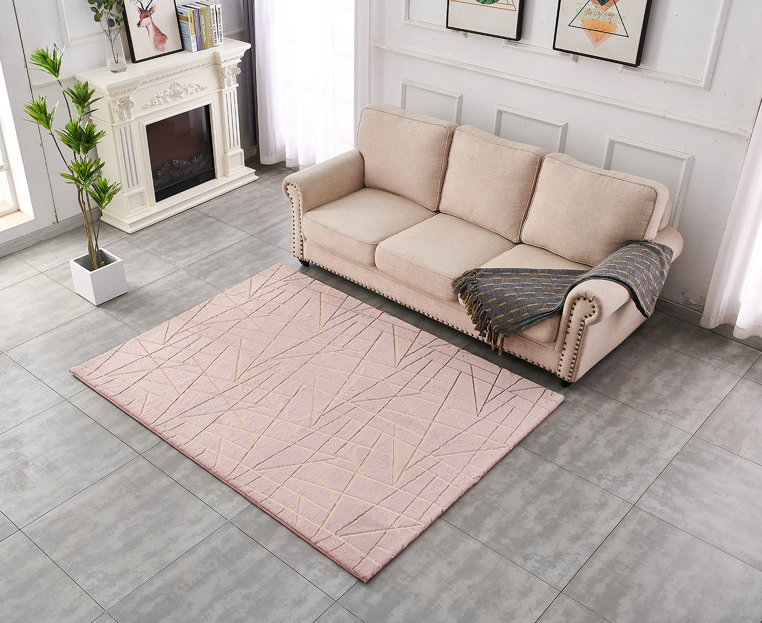 Furnings Lily Luxury Dust Pink Geometric Washable Abstract Gold-Gilded Chinchilla Faux Fur Area Rug - 3'L x 2'W