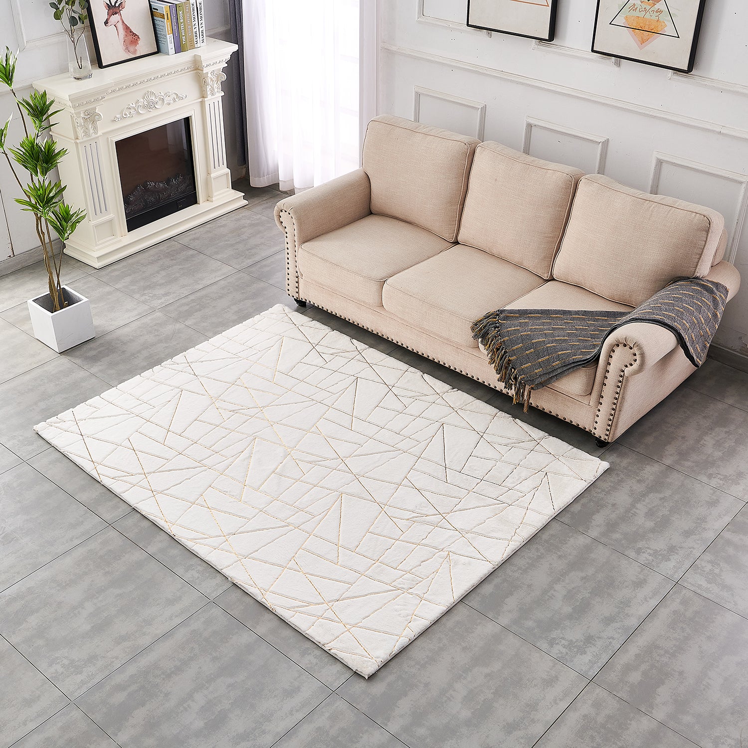 Furnings Lily Luxury White Geometric Abstract Gold-Gilded Chinchilla Faux Fur Area Rug - 3'L x 2'W