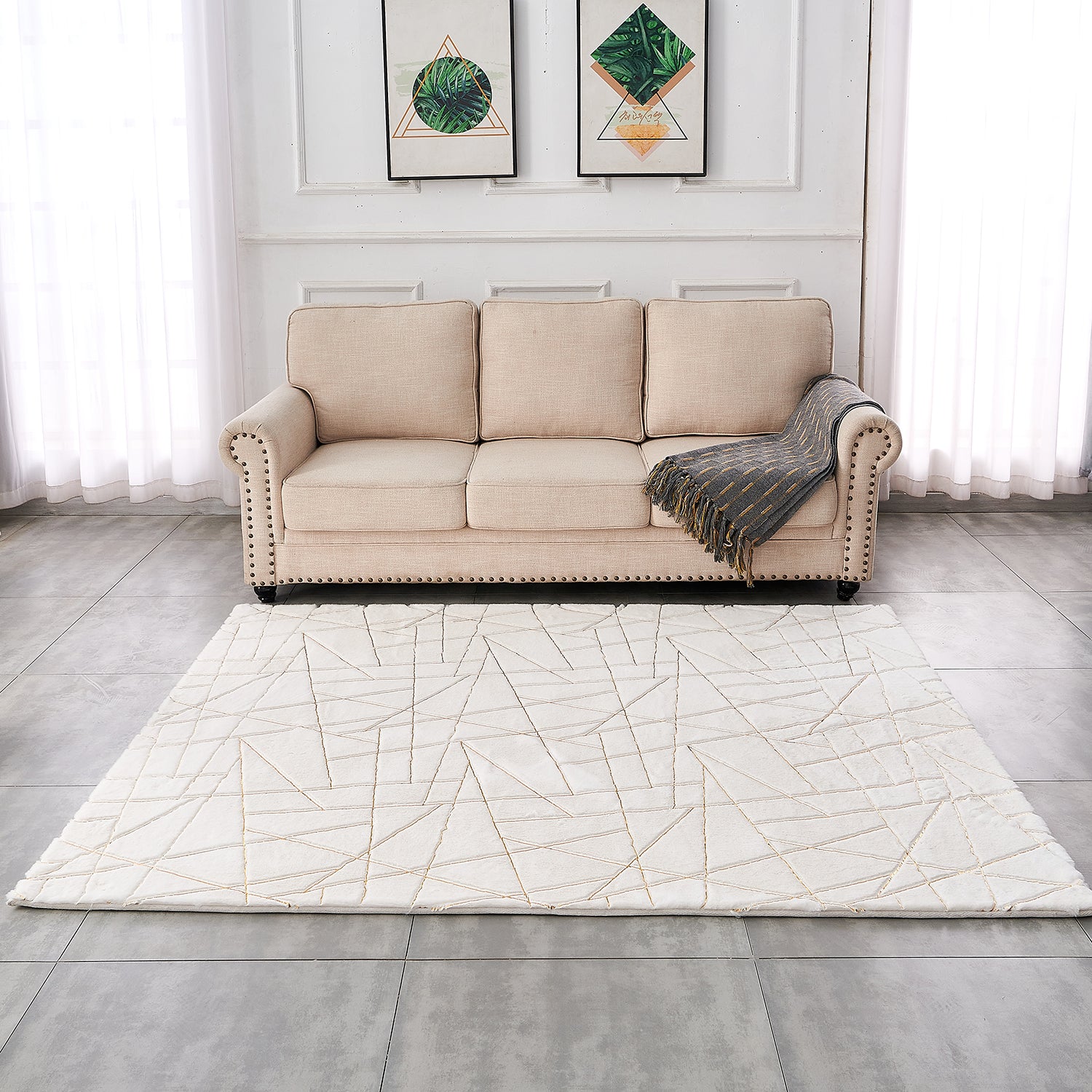 Furnings Lily Luxury White Geometric Abstract Gold-Gilded Chinchilla Faux Fur Area Rug - 3'L x 2'W