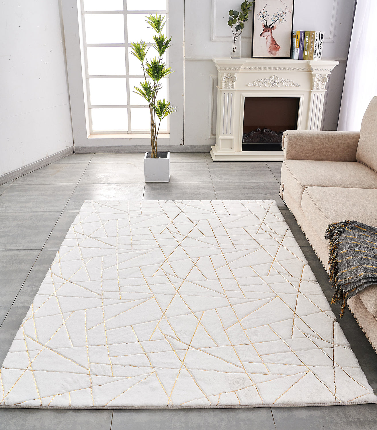 Furnings Lily Luxury White Geometric Abstract Gold-Gilded Chinchilla Faux Fur Area Rug - 3'L x 2'W