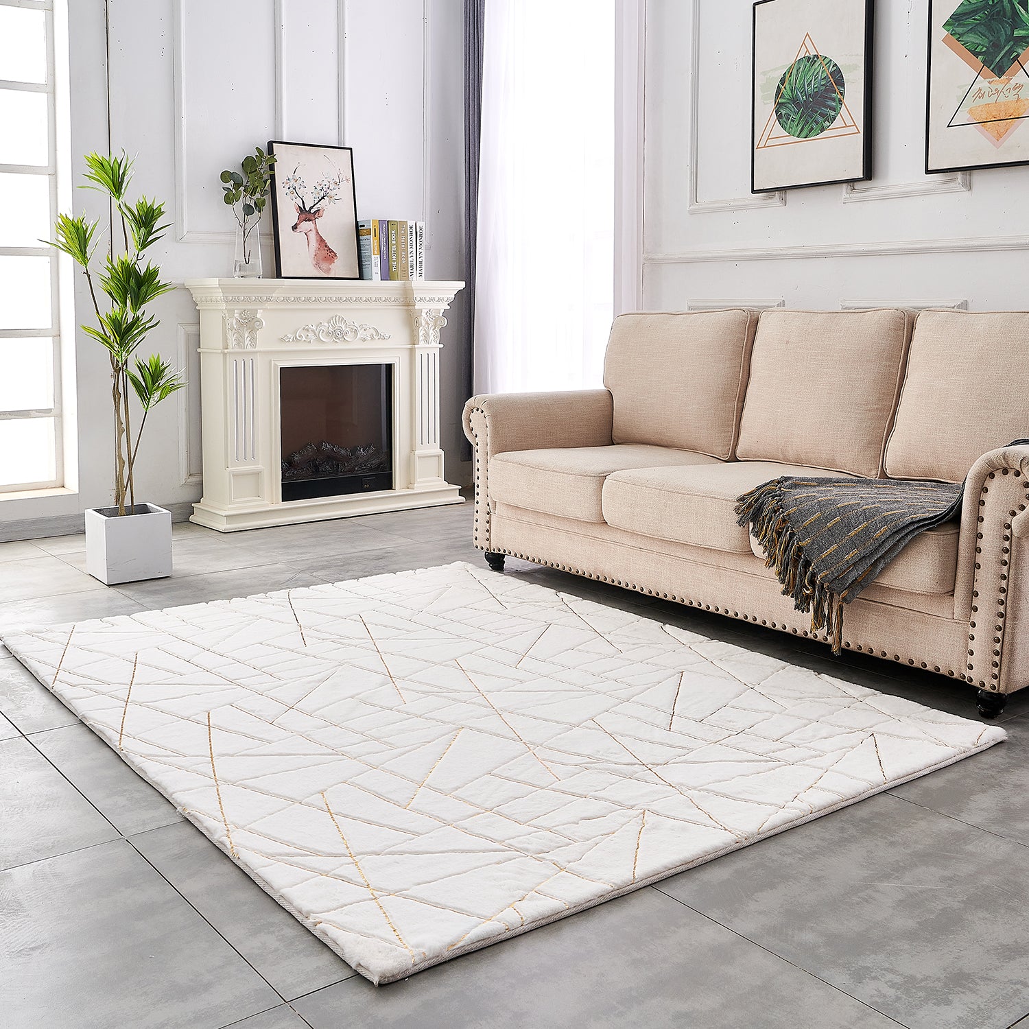 Furnings - Lily Luxury White Geometric Abstract Gold-Gilded Chinchilla Faux Fur Area Rug