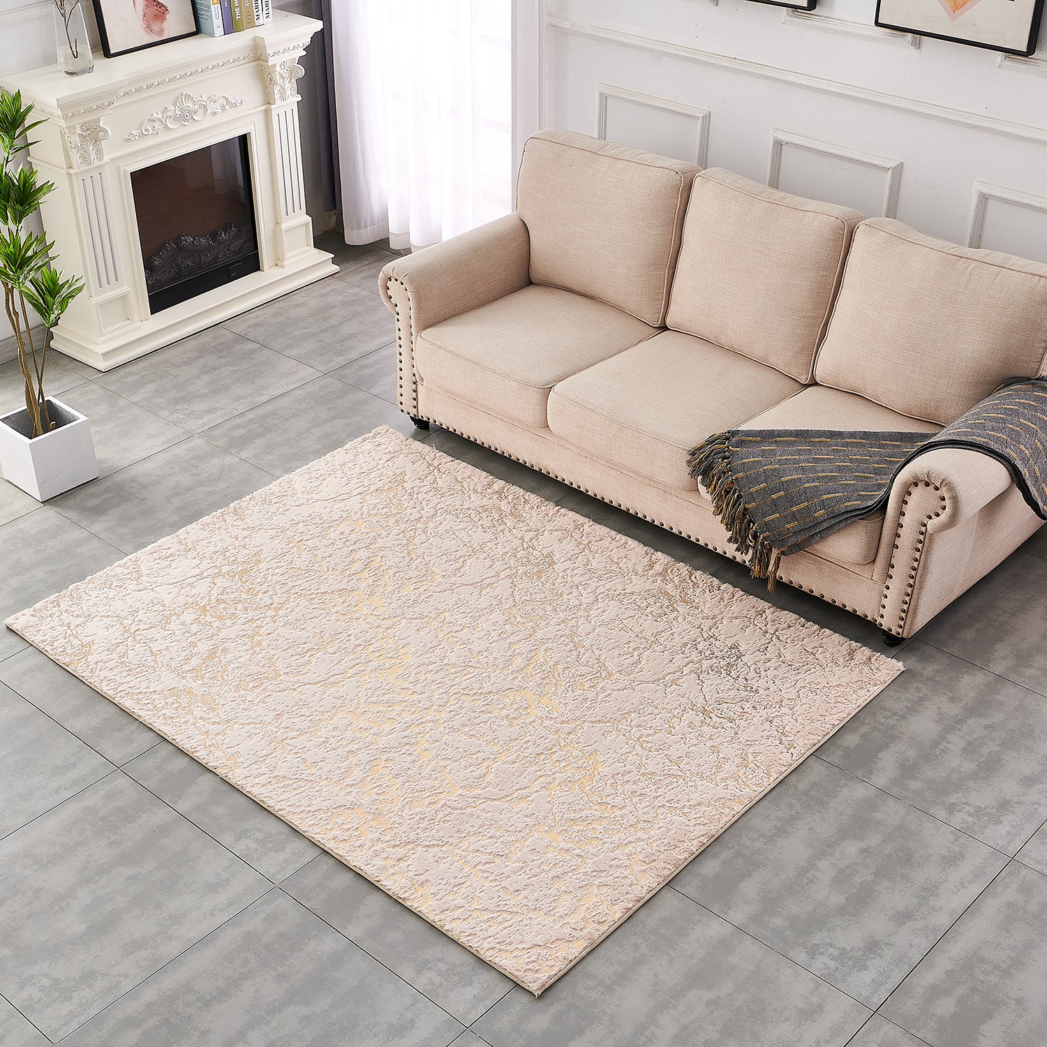 Furnings - Lily Luxury Beige Abstract Gold-Gilded Chinchilla Faux Fur Area Rug