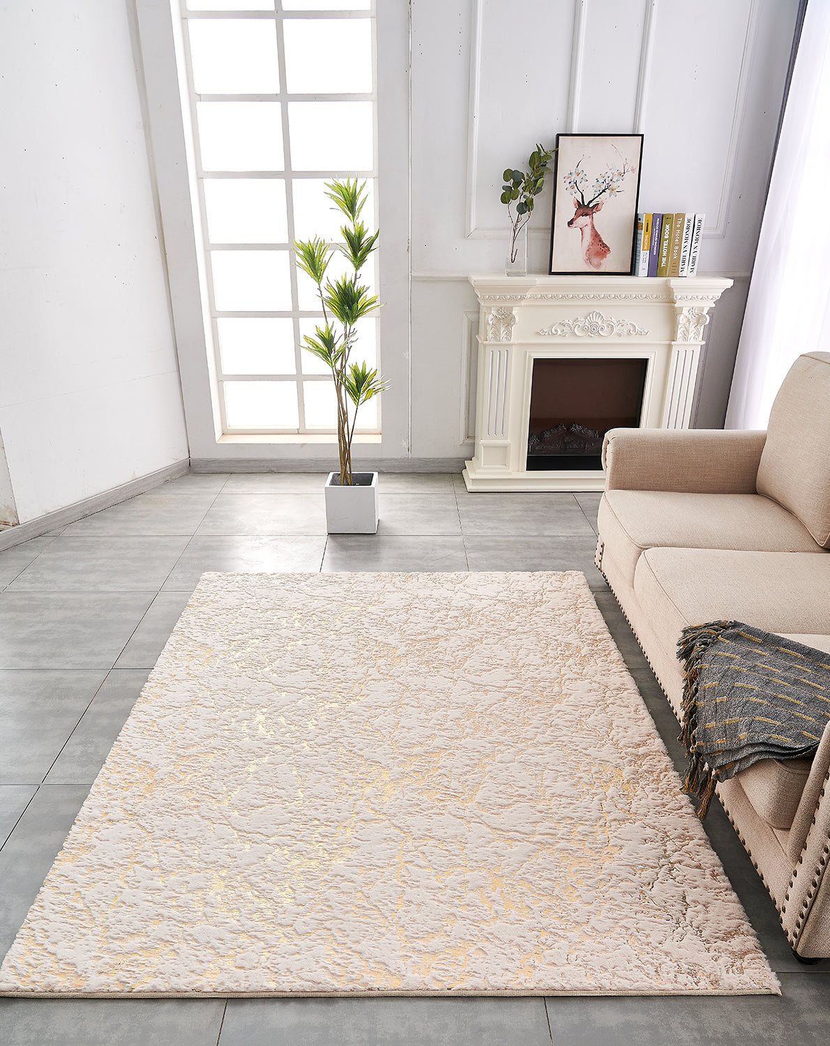 Furnings Lily Luxury Beige Abstract Gold-Gilded Chinchilla Faux Fur Area Rug - 9'10"L x 6'7"W