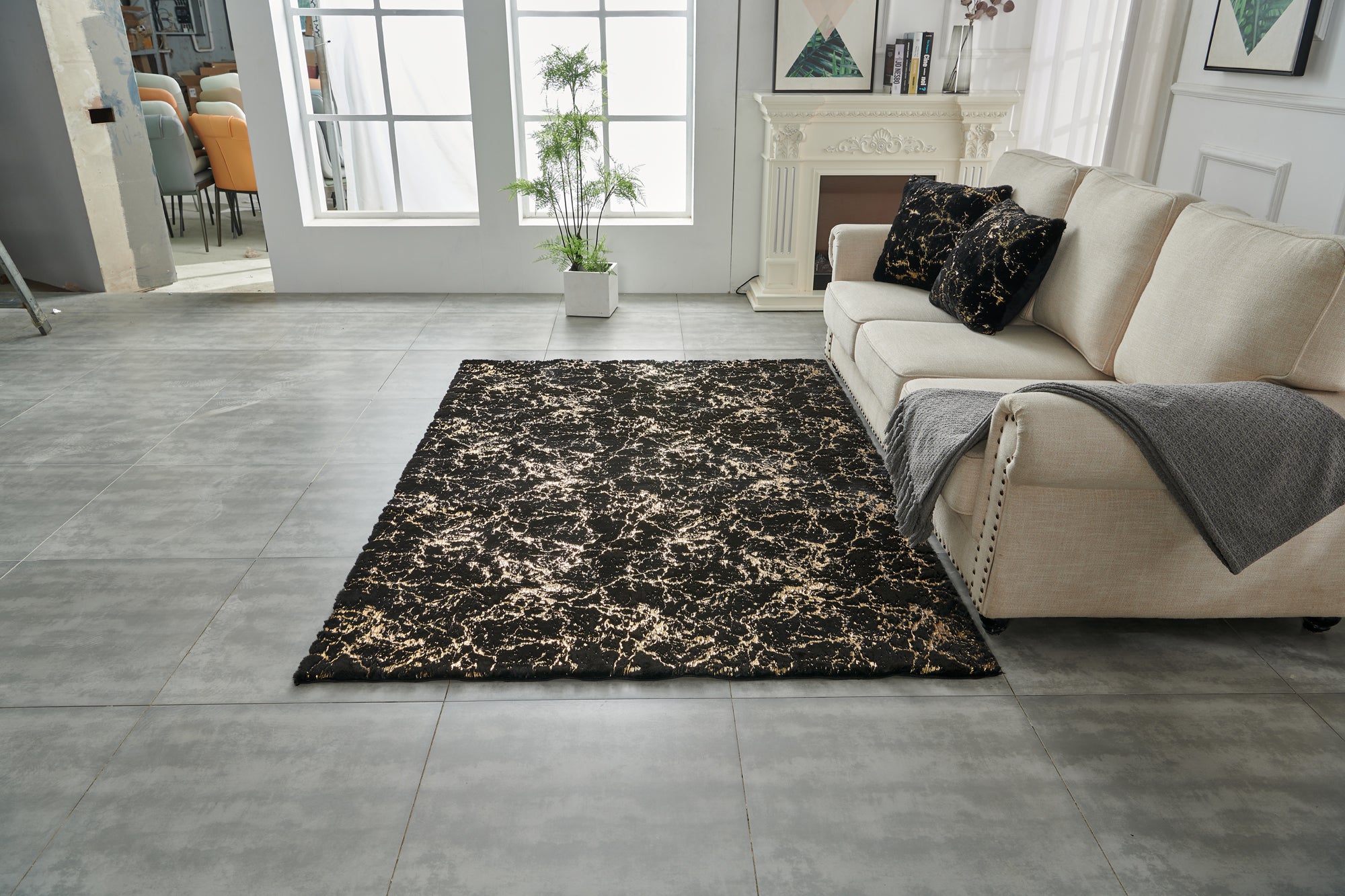 Furnings Lily Luxury Washable Black Abstract Gold-Gilded Chinchilla Faux Fur Area Rug - 9'L x 6'W