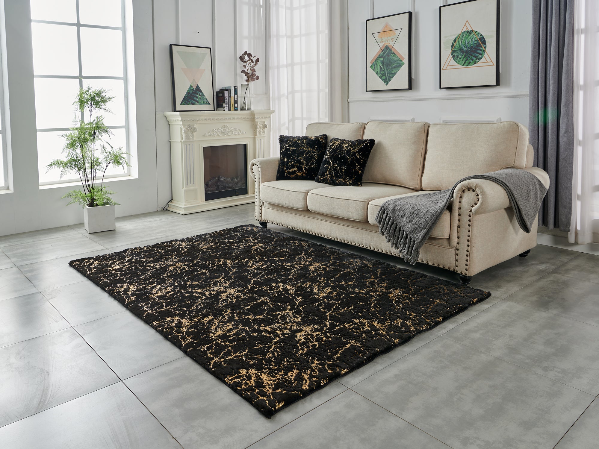 Furnings Lily Luxury Washable Black Abstract Gold-Gilded Chinchilla Faux Fur Area Rug - 9'L x 6'W