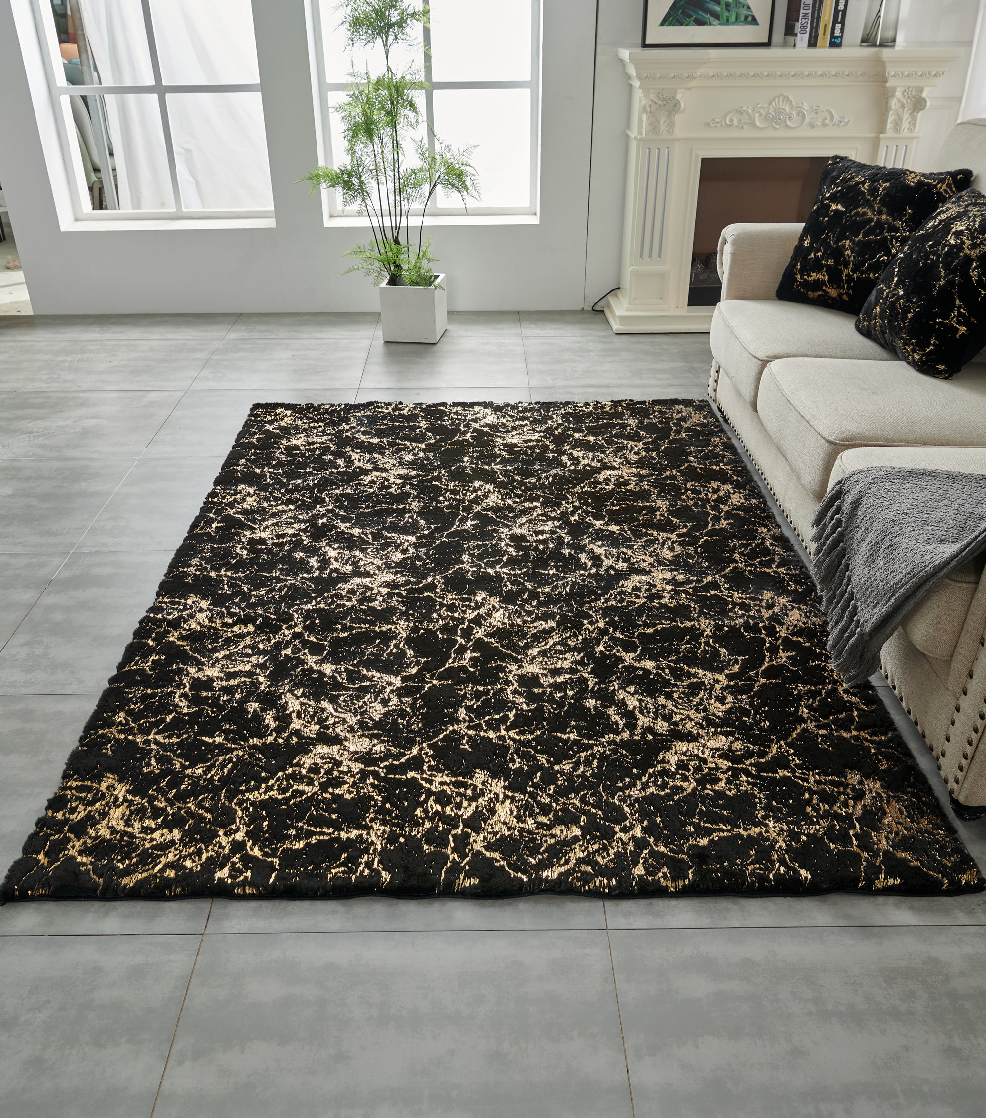 Furnings Lily Luxury Washable Black Abstract Gold-Gilded Chinchilla Faux Fur Area Rug - 9'L x 6'W