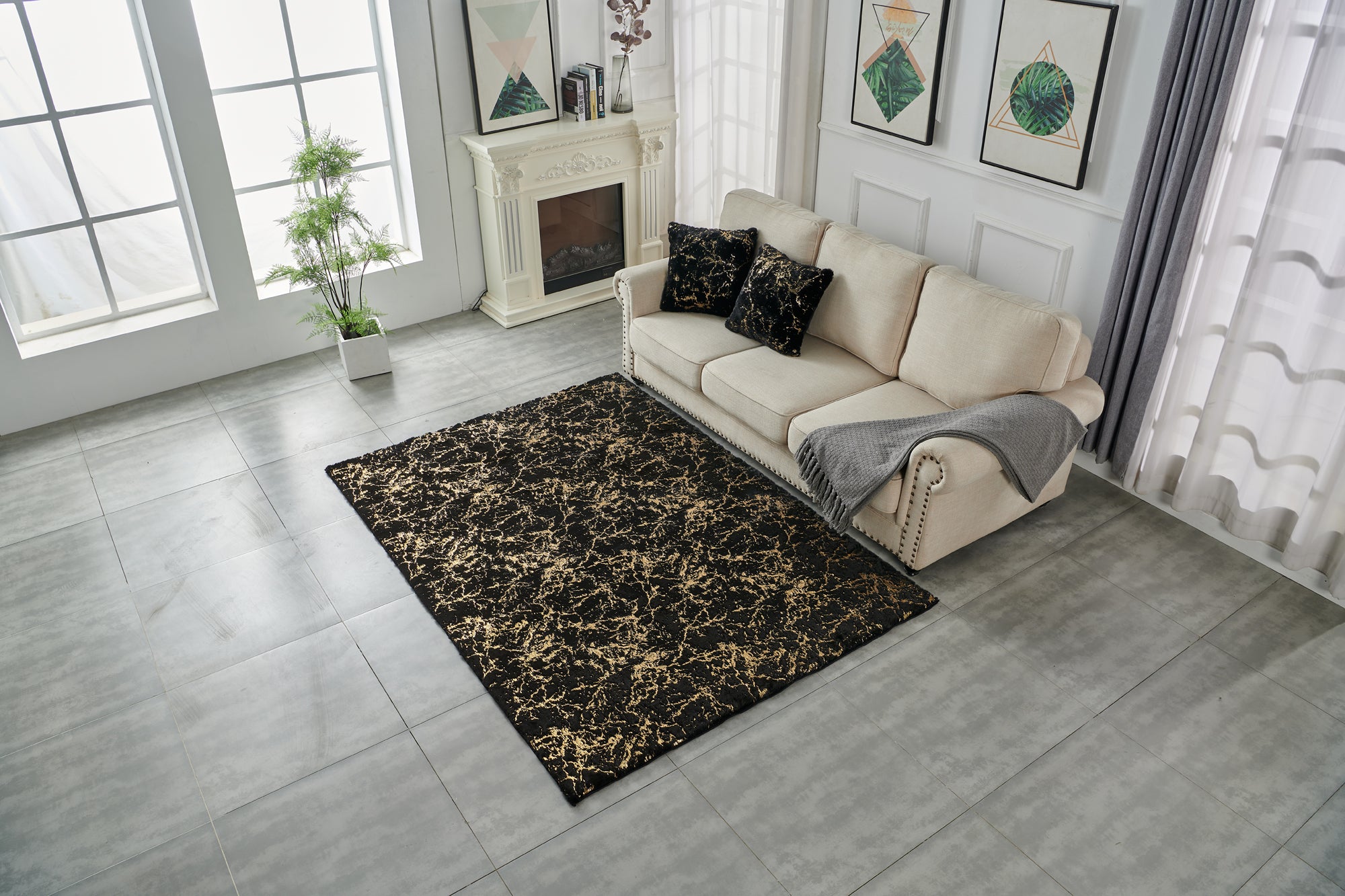 Furnings Lily Luxury Washable Black Abstract Gold-Gilded Chinchilla Faux Fur Area Rug - 9'L x 6'W