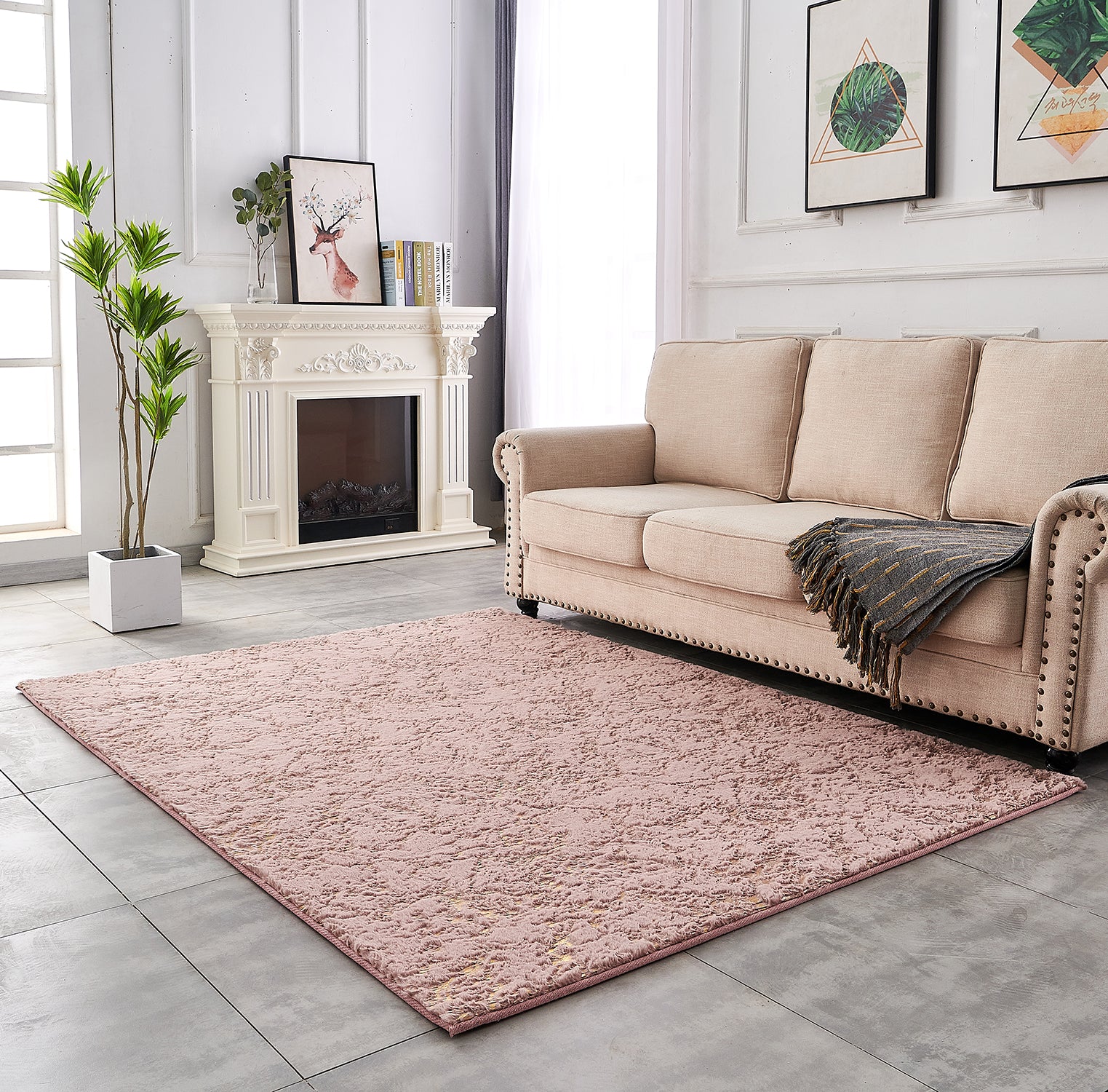 Furnings - Lily Luxury Washable Dust Pink Abstract Gold-Gilded Chinchilla Faux Fur Area Rug