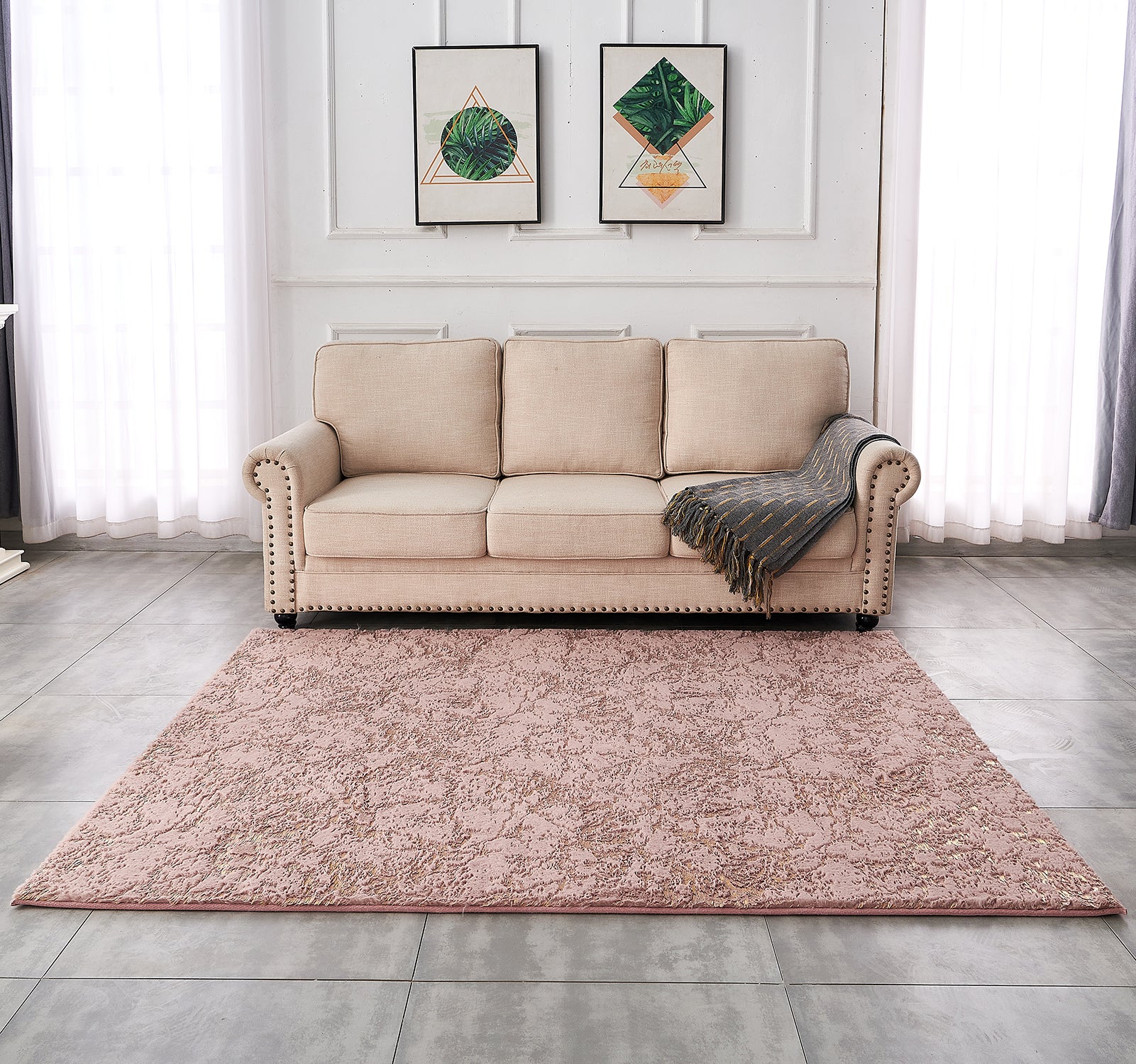 Furnings Lily Luxury Washable Dust Pink Abstract Gold-Gilded Chinchilla Faux Fur Area Rug - 3'L x 2'W