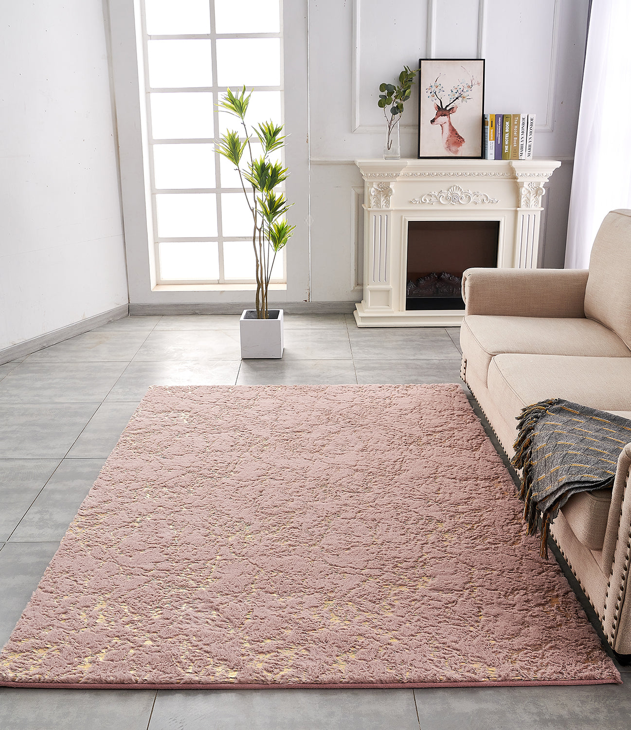 Furnings Lily Luxury Washable Dust Pink Abstract Gold-Gilded Chinchilla Faux Fur Area Rug - 3'L x 2'W