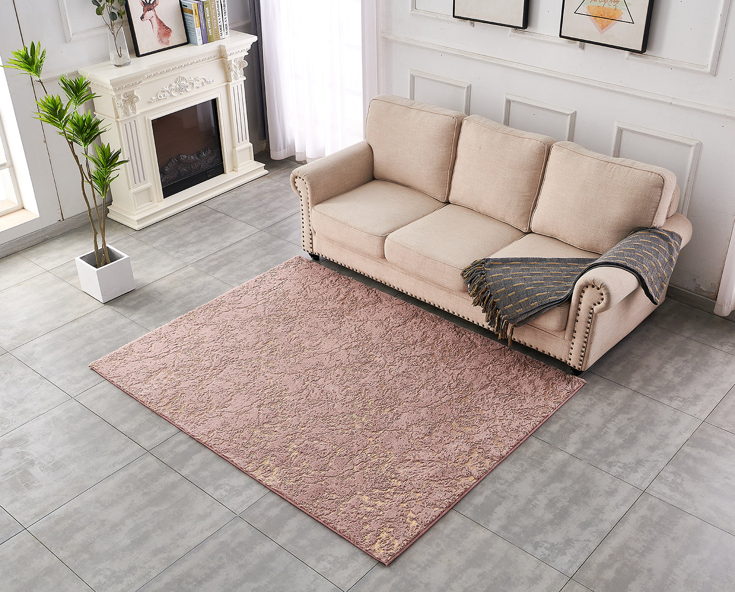 Furnings Lily Luxury Washable Dust Pink Abstract Gold-Gilded Chinchilla Faux Fur Area Rug - 3'L x 2'W