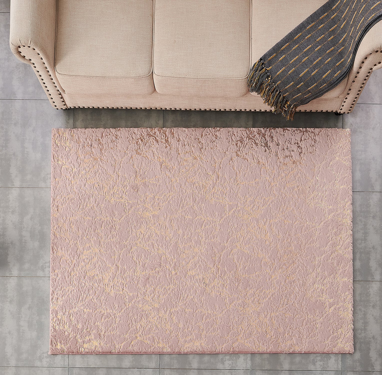 Furnings Lily Luxury Washable Dust Pink Abstract Gold-Gilded Chinchilla Faux Fur Area Rug - 3'L x 2'W