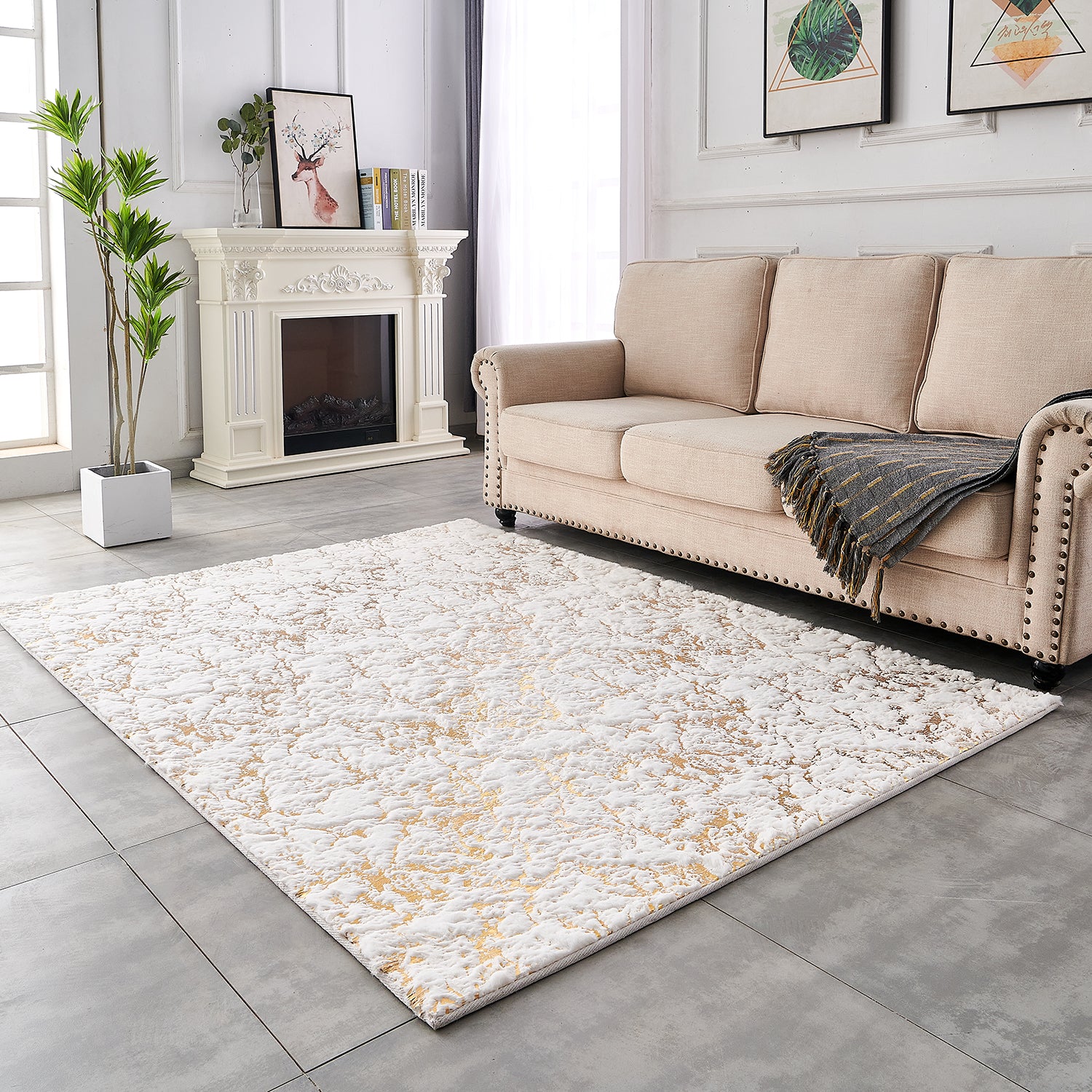 Furnings - Lily Luxury White Washable Abstract Gold-Gilded Chinchilla Faux Fur Area Rug