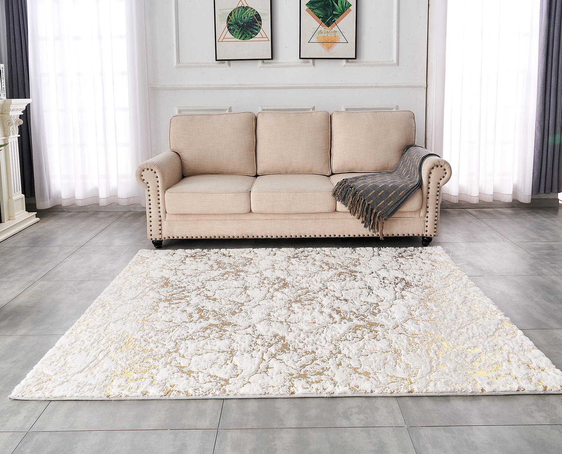 Furnings Lily Luxury White Washable Abstract Gold-Gilded Chinchilla Faux Fur Area Rug - 9'L x 6'W