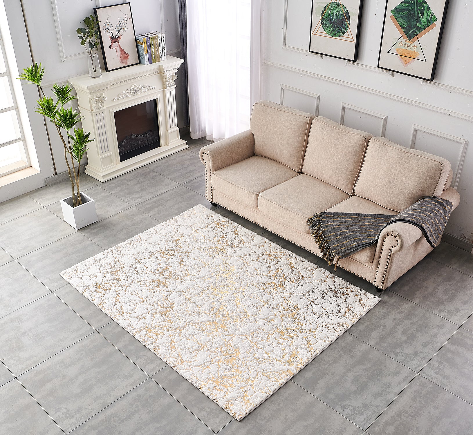 Furnings Lily Luxury White Washable Abstract Gold-Gilded Chinchilla Faux Fur Area Rug - 9'L x 6'W