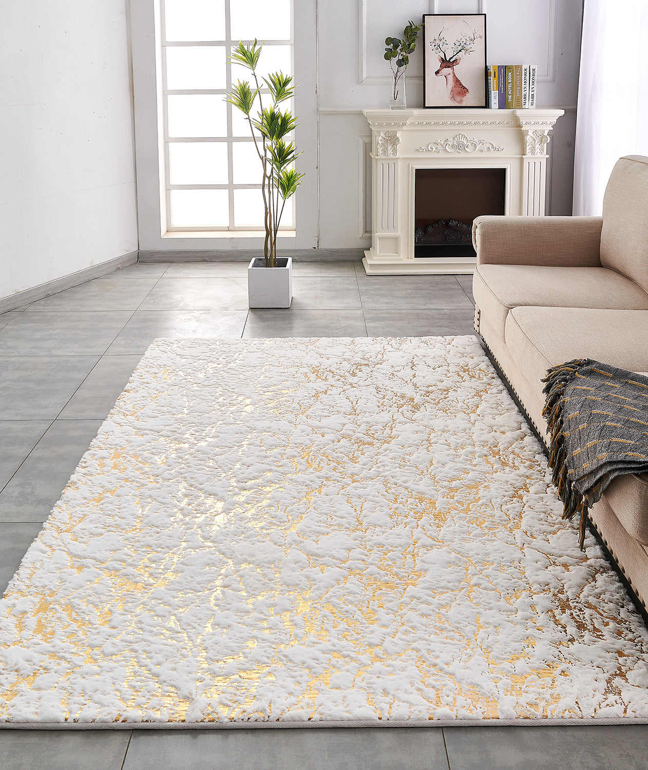 Furnings Lily Luxury White Washable Abstract Gold-Gilded Chinchilla Faux Fur Area Rug - 9'L x 6'W