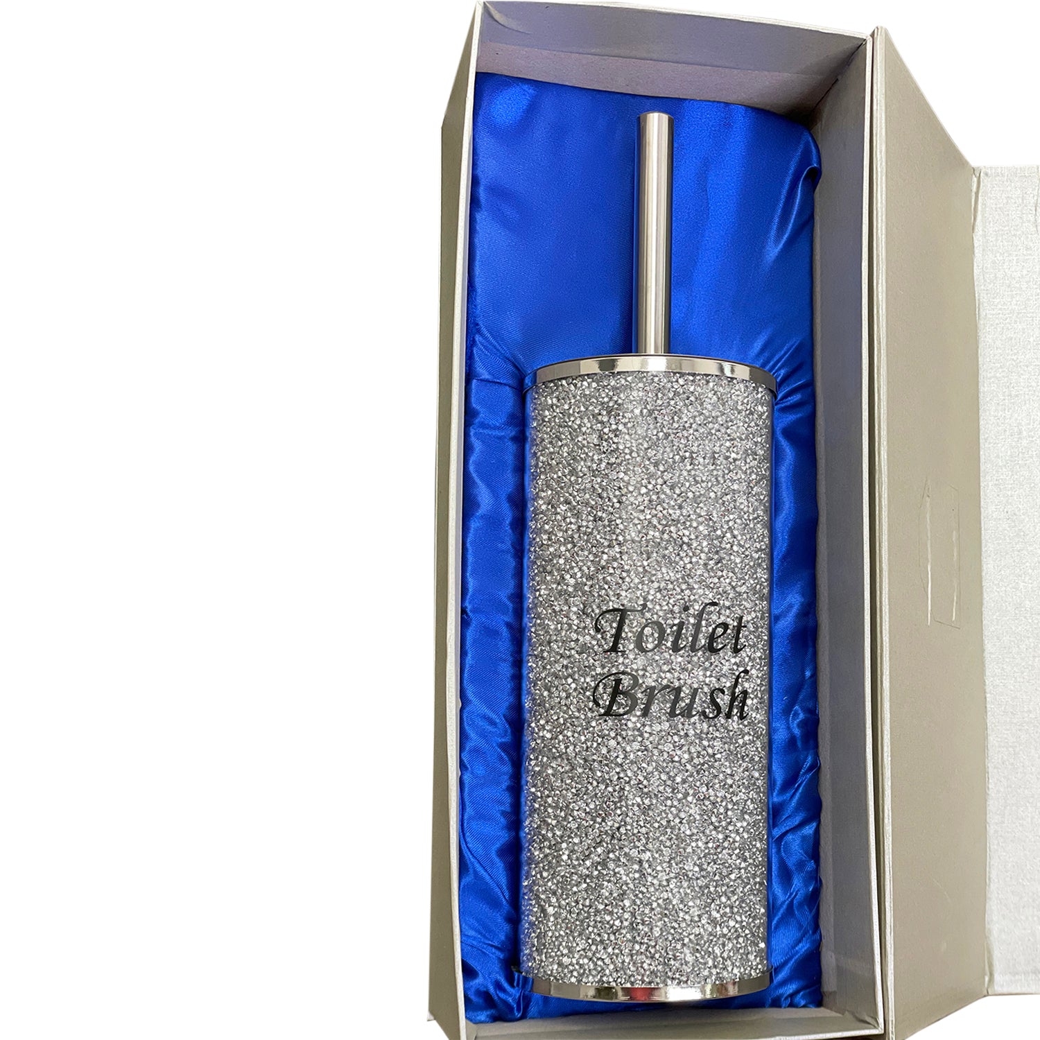 Furnings Toilet Brush Holder with Brush in Gift Box, Silver Crushed Diamond Glass