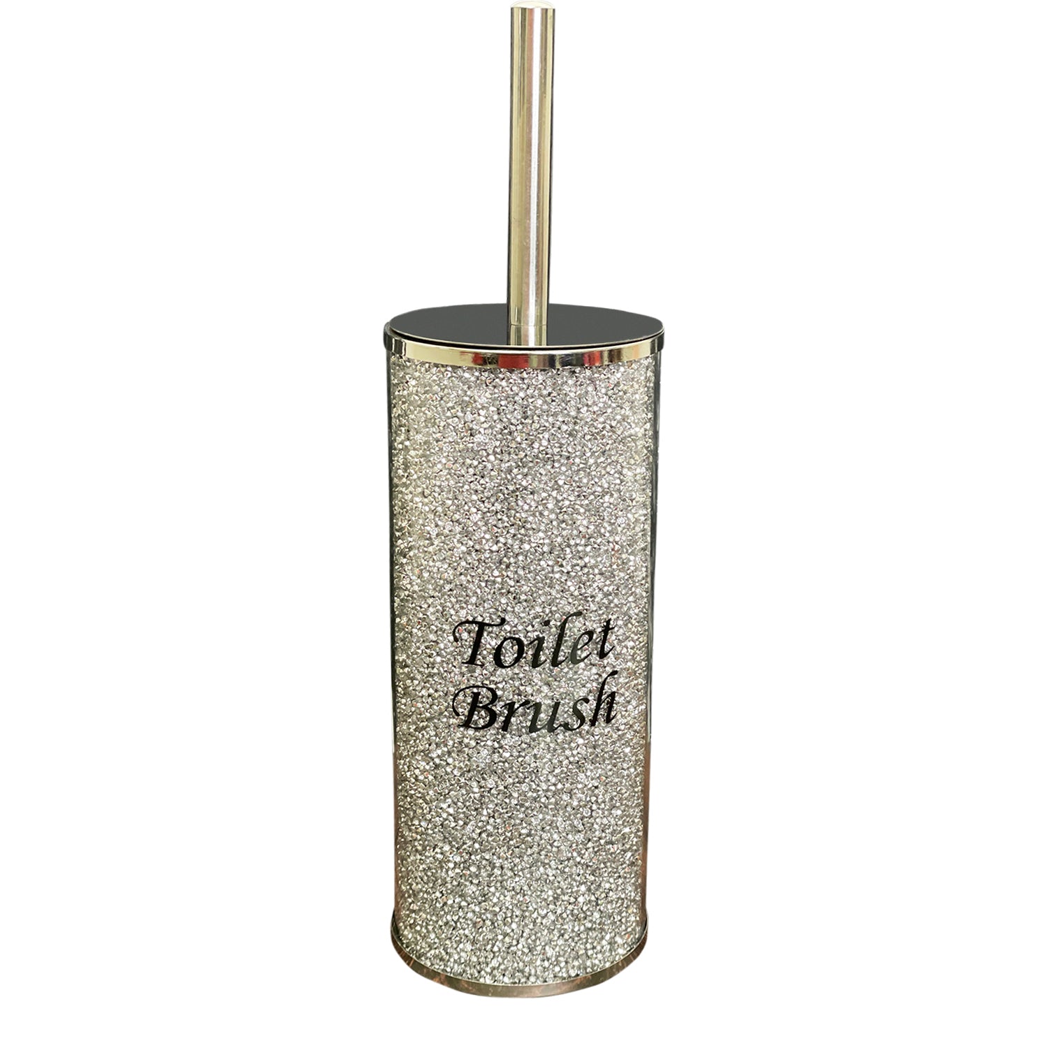 Furnings Toilet Brush Holder with Brush in Gift Box, Silver Crushed Diamond Glass