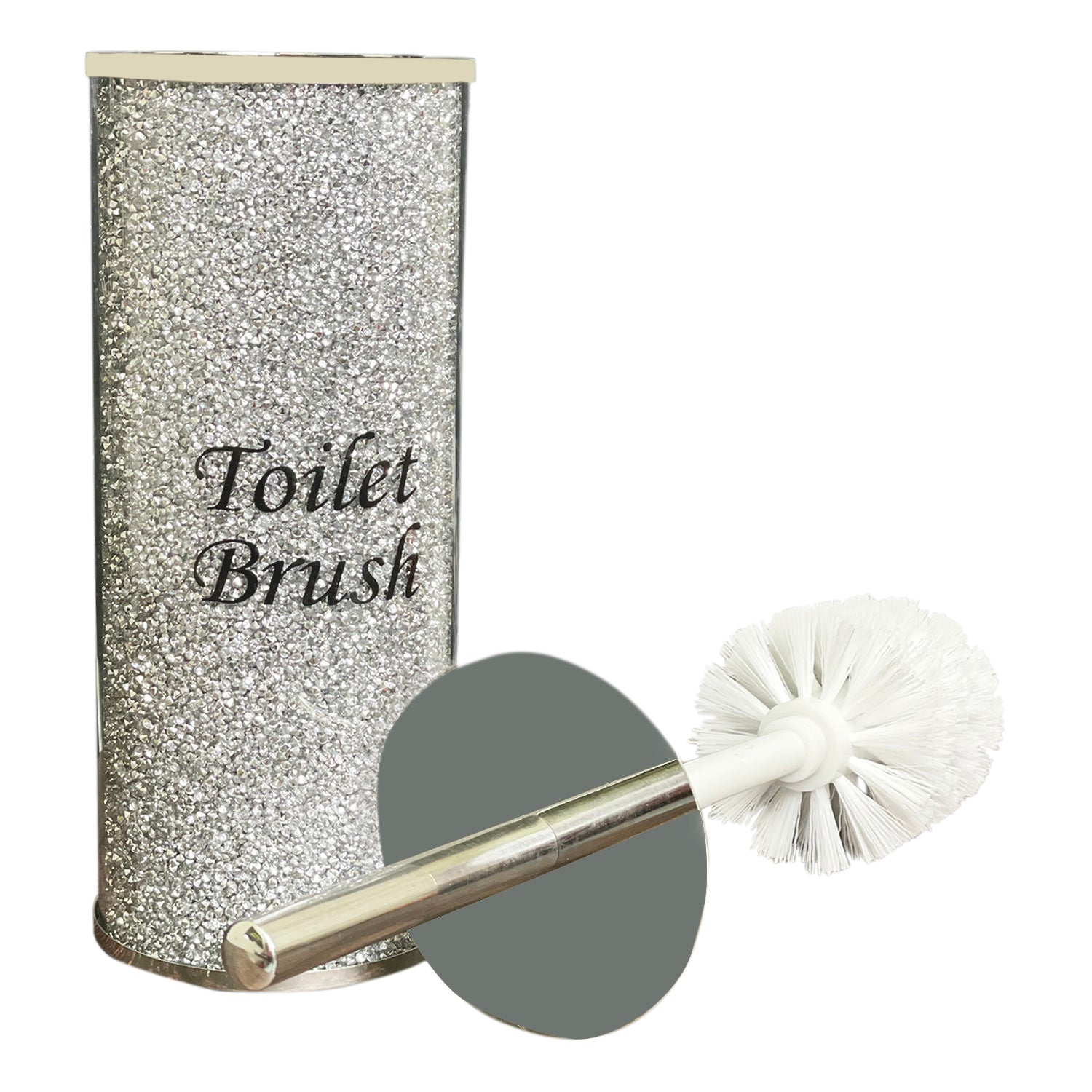 Furnings Toilet Brush Holder with Brush in Gift Box, Silver Crushed Diamond Glass