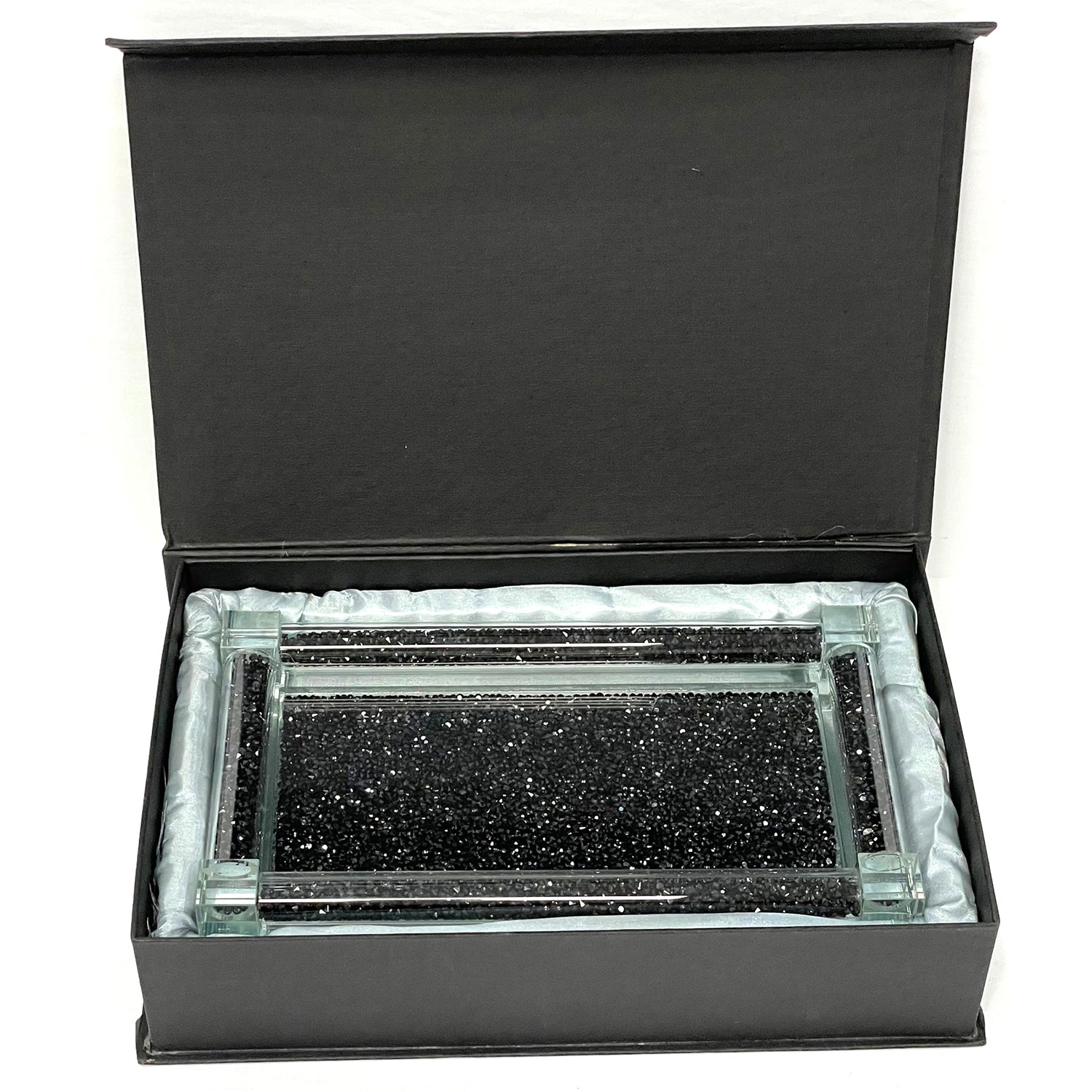 Furnings Black Crushed Diamond Glass Tray in Gift Box - 15.5"L x 6.5"W x 1.5"H