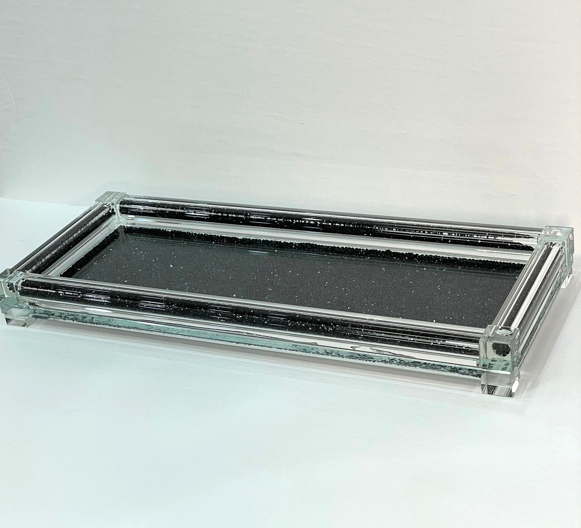 Furnings Black Crushed Diamond Glass Tray in Gift Box - 15.5"L x 6.5"W x 1.5"H