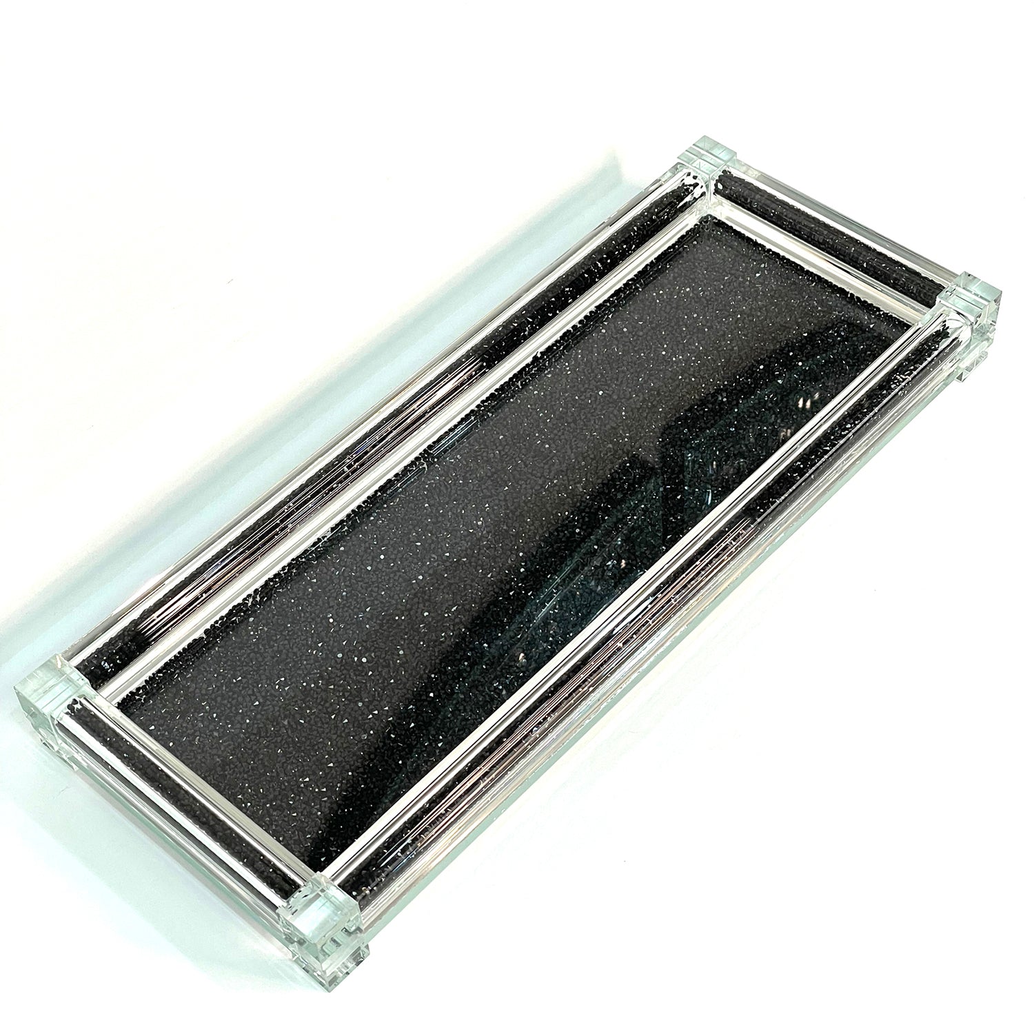 Furnings Black Crushed Diamond Glass Tray in Gift Box - 15.5"L x 6.5"W x 1.5"H