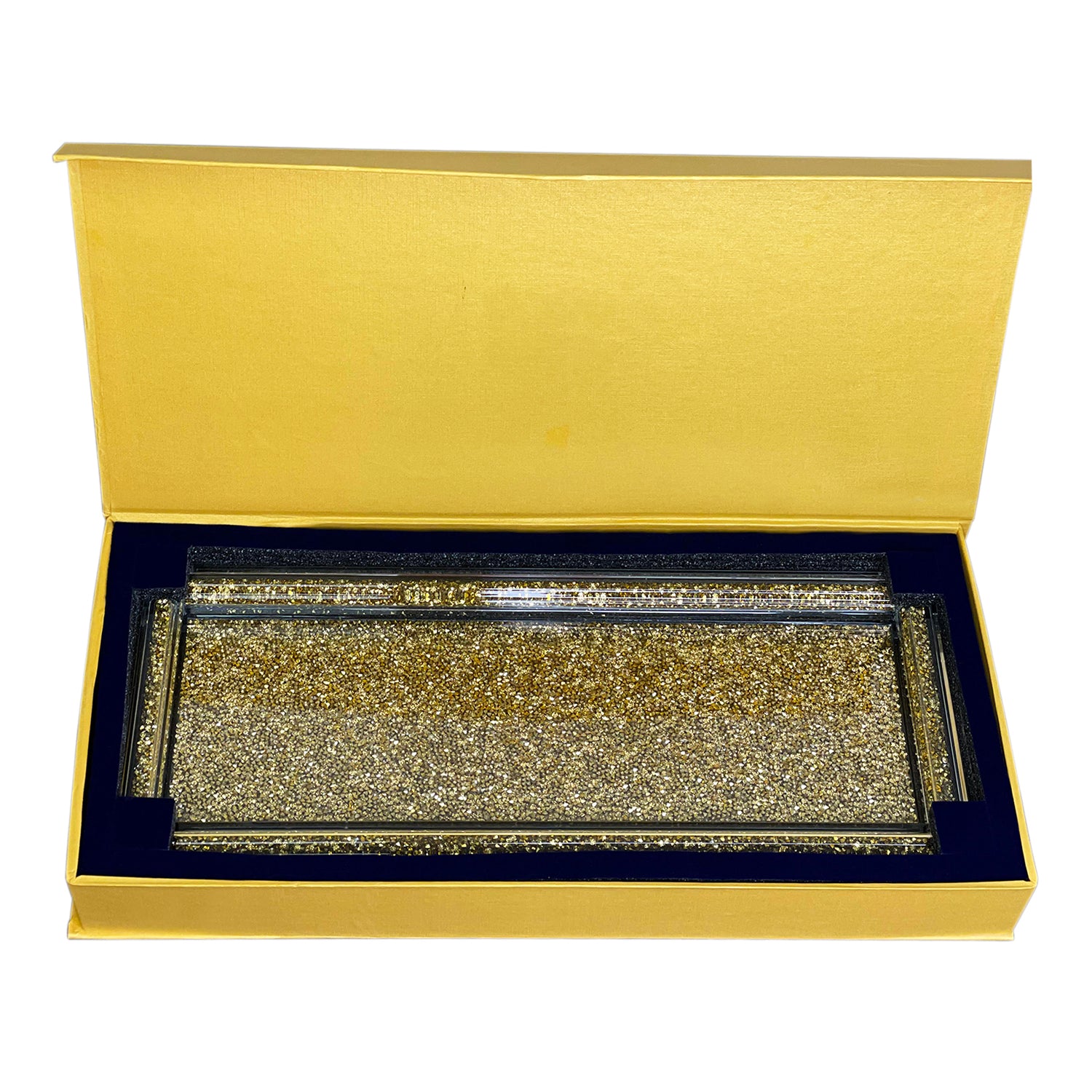 Furnings Gold Crushed Diamond Glass Tray in Gift Box - 15.5"L x 6.5"W x 1.5"H