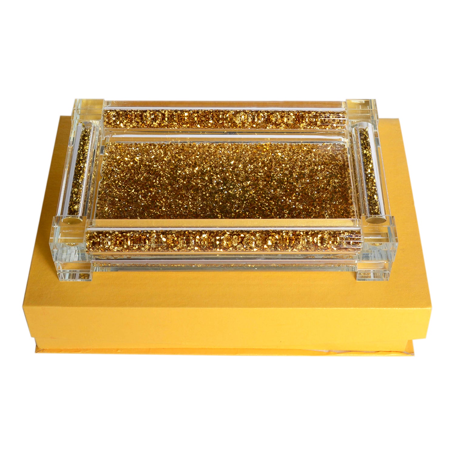 Furnings Gold Crushed Diamond Glass Tray in Gift Box - 15.5"L x 6.5"W x 1.5"H