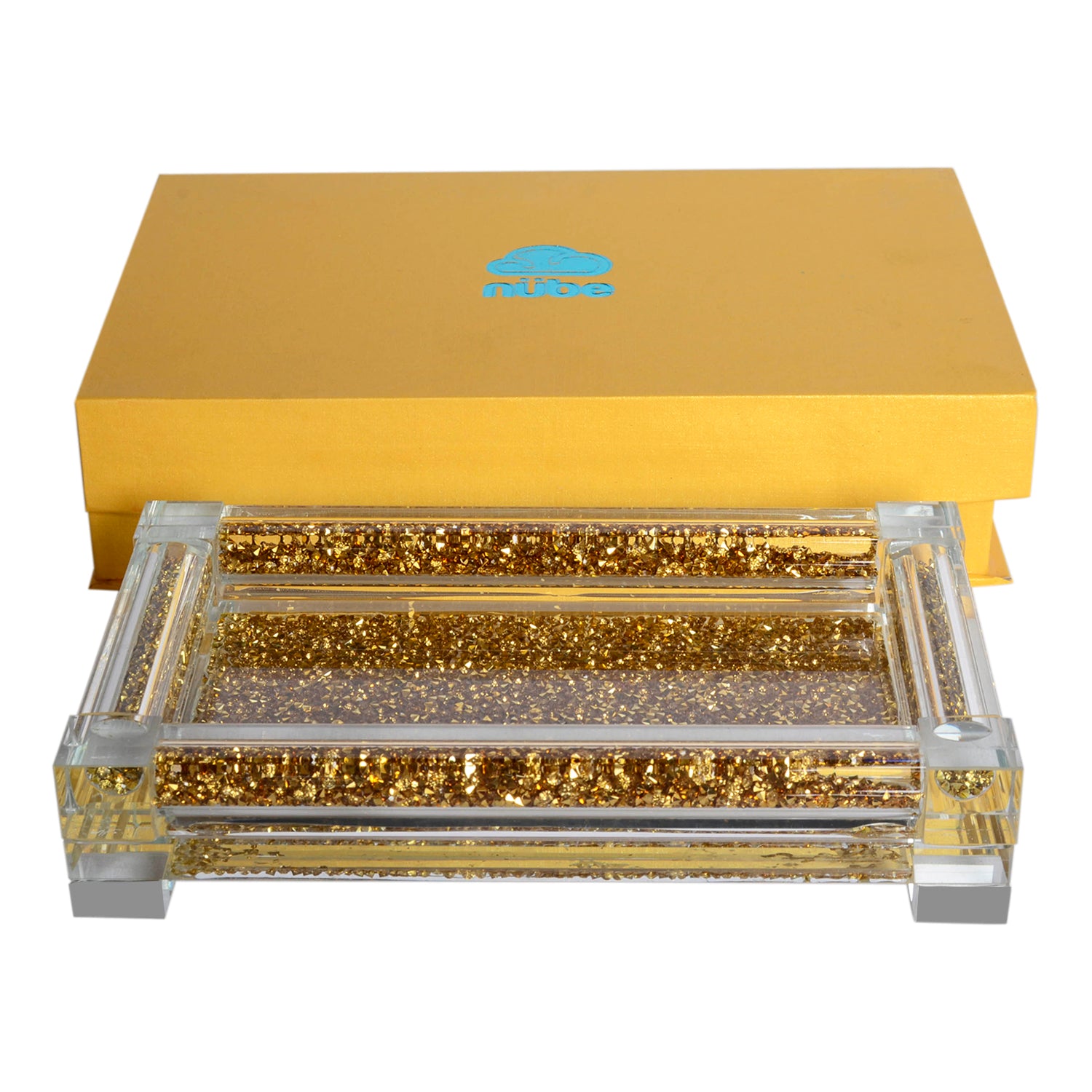 Furnings Gold Crushed Diamond Glass Tray in Gift Box - 15.5"L x 6.5"W x 1.5"H