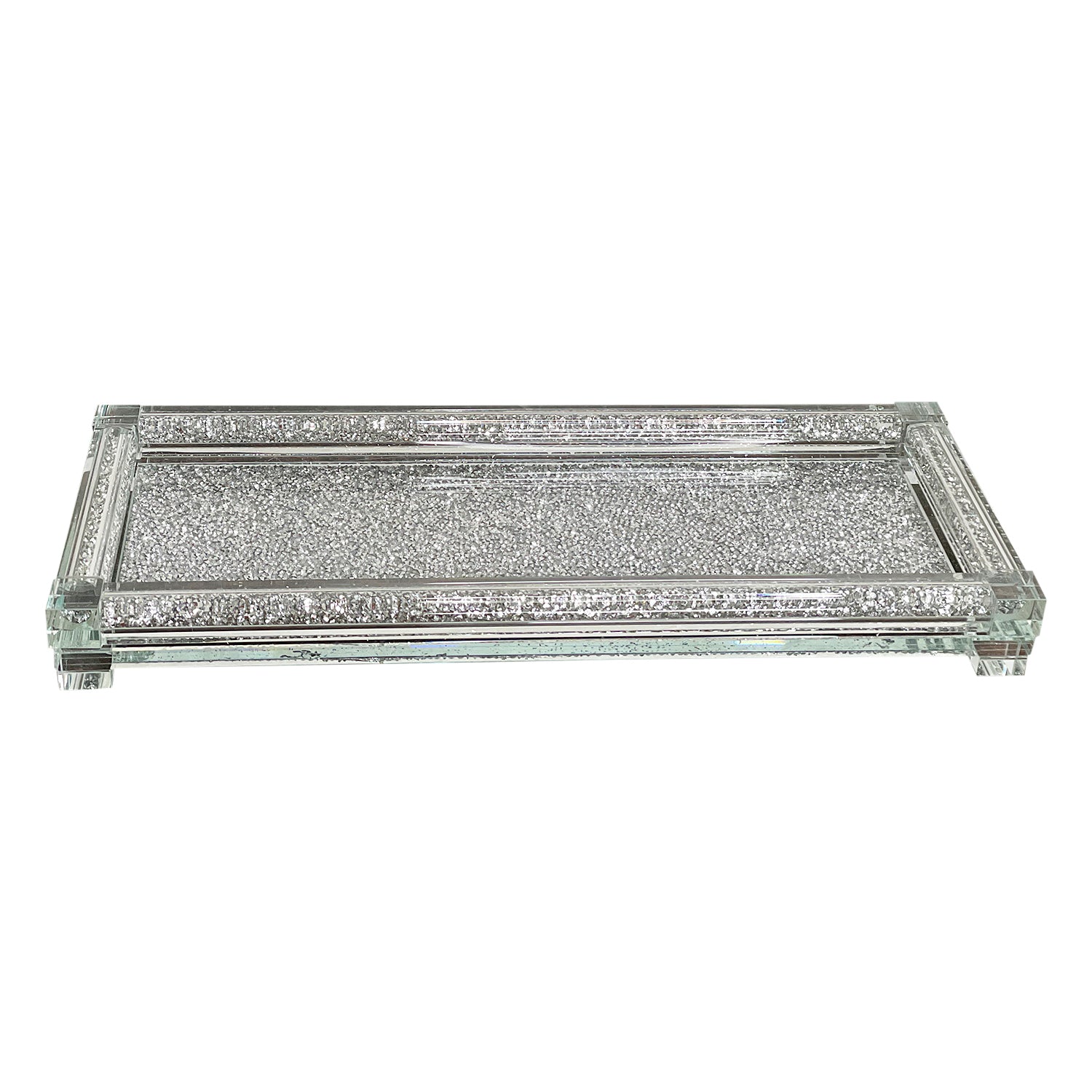 Furnings Silver Crushed Diamond Glass Tray in Gift Box - 15.5"L x 6.5"W x 1.5"H