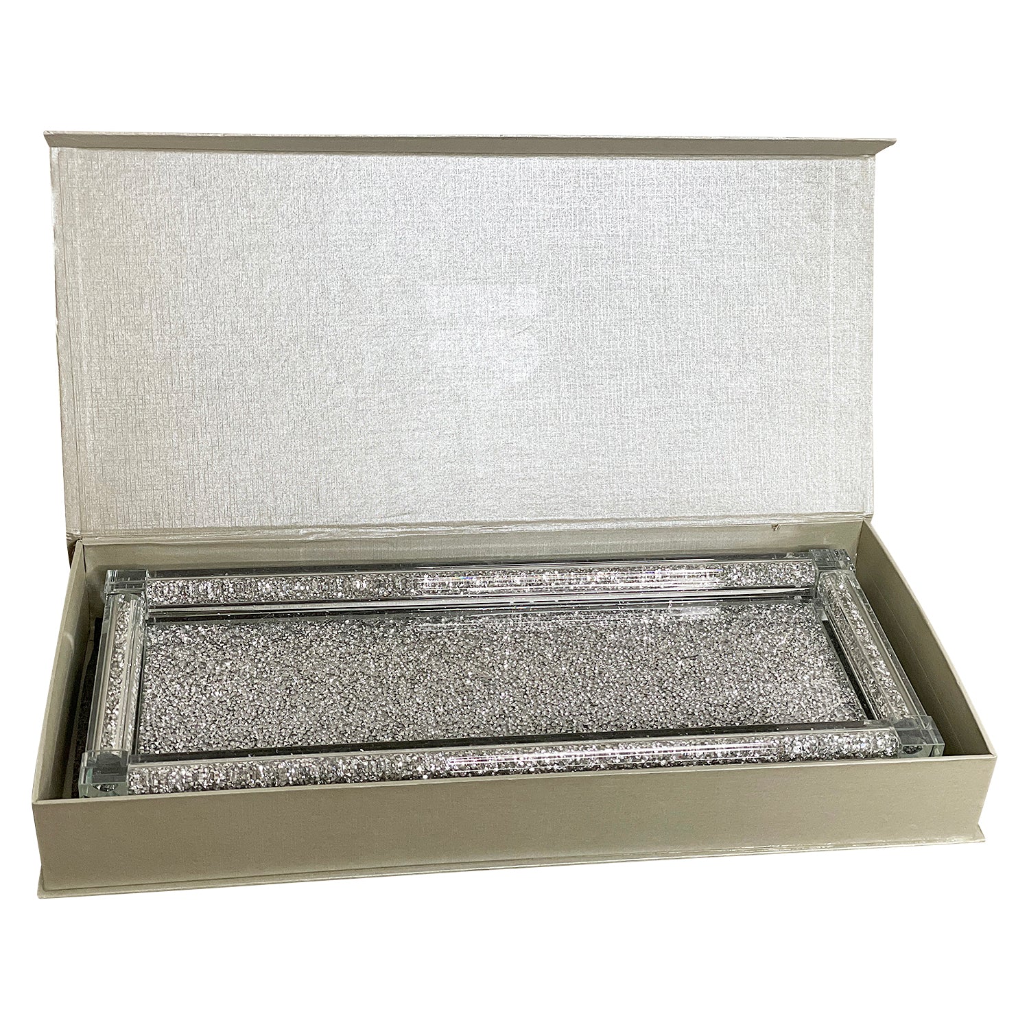 Furnings Silver Crushed Diamond Glass Tray in Gift Box - 15.5"L x 6.5"W x 1.5"H